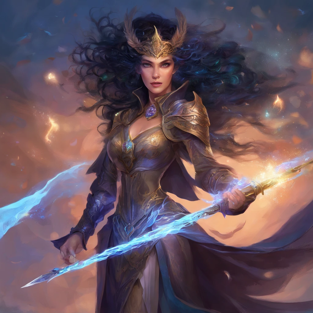 dnd archfey warlock character art, hexblood woman, 25 years, black curly hair, silver blue eyes, blue skin, eldercross of flowers and feathers , long blue sleevless tunic with dark leather armor, smug face expression, thin lips, black neck and arm tattoos, fey pretending to be elf, wielding white glass staff, magical forest background with will-o-wisps, mystical lightning, realistic style, high detail, masterpiece