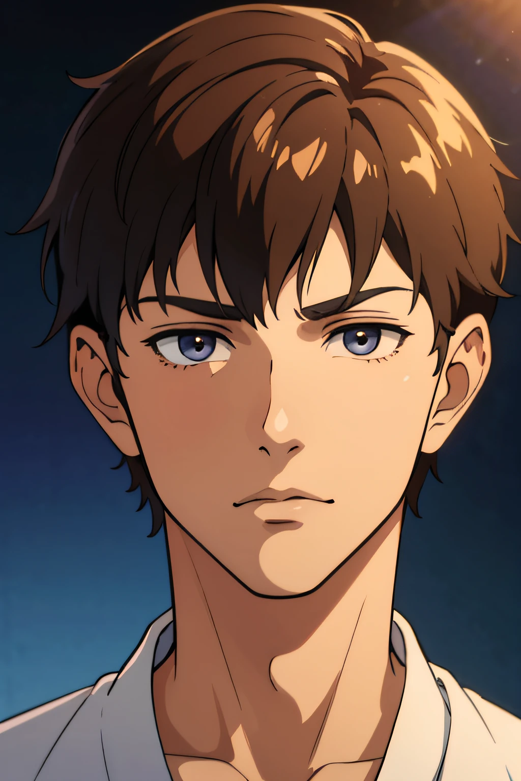 A close-up of a handsome 20-year-old male with short brown hair, detailed face, and beautiful big eyes, full-color, Makoto Shinkai style