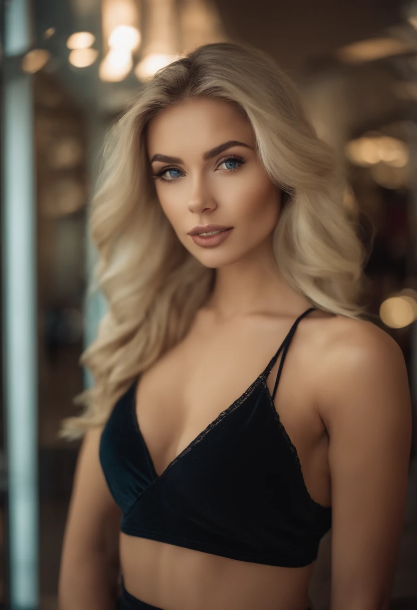 Blonde woman posing in a mall with matching tank top and skirt, Sexy girl with blue eyes, portrait sophie mudd, blur backgroun, Best quality, 1girll, Portrait of Corinna Kopf, blonde hair and large eyes, selfie of a young woman, Orn makeup, natural makeup, Look directly into the camera, face with artgram, Decentus makeup, Great full body photo, Being in the room, Large of breast, Blonde, latina