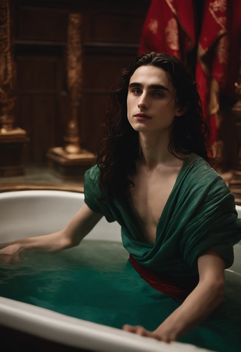 timothee chalamet dressed as mulan with long hair in a bath being washed