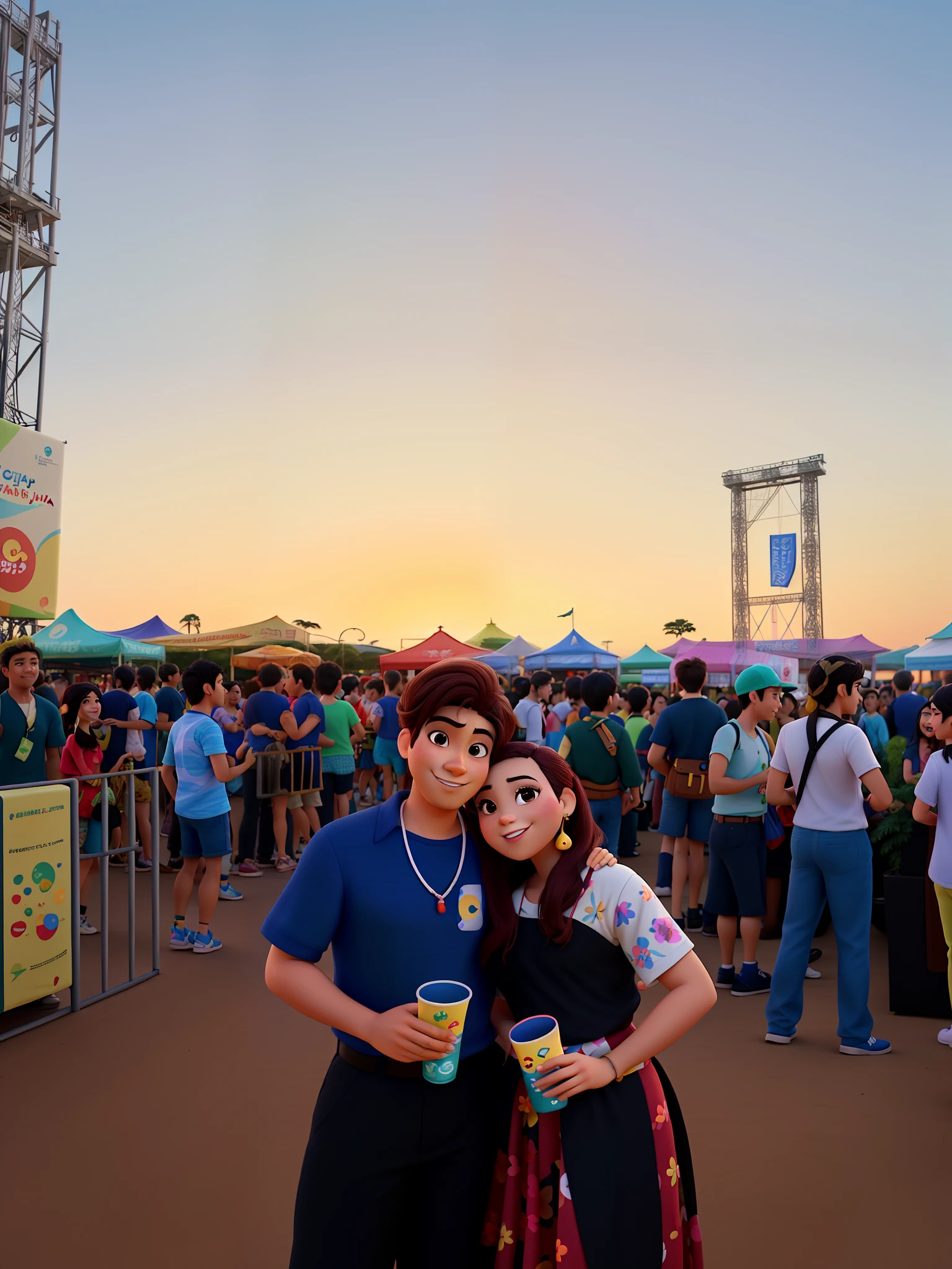 Um casal feliz estilo disney pixar, composto por um homem japones e uma mulher brasileira em um festival de musica ao por do sol lindo e iluminado em alta qualidade