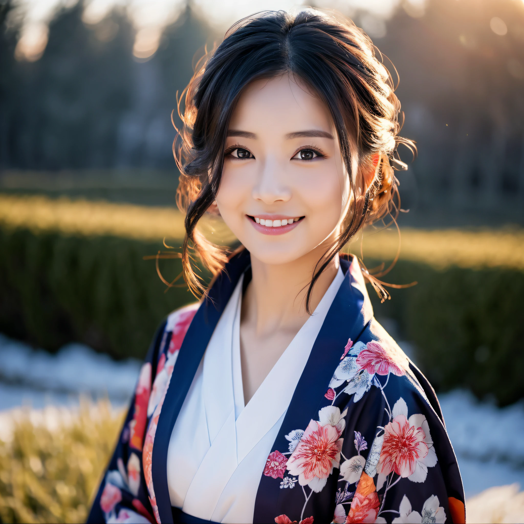 (Super beautiful woman in kimono)、((best qualtiy、8k masterpieces:1.3))、foco nítido:1.2、(ultra beautiful faces:1.0)、(shinny skin:1.0)、photos realistic、A dark-haired、Video Lighting、High-definition eyes and face、Video Lighting、Japanese actressl、from the front side、medium breasts、With a happy smile、Slender Abs Beauty、Whole body、wearing kimonos、In a snowy landscape