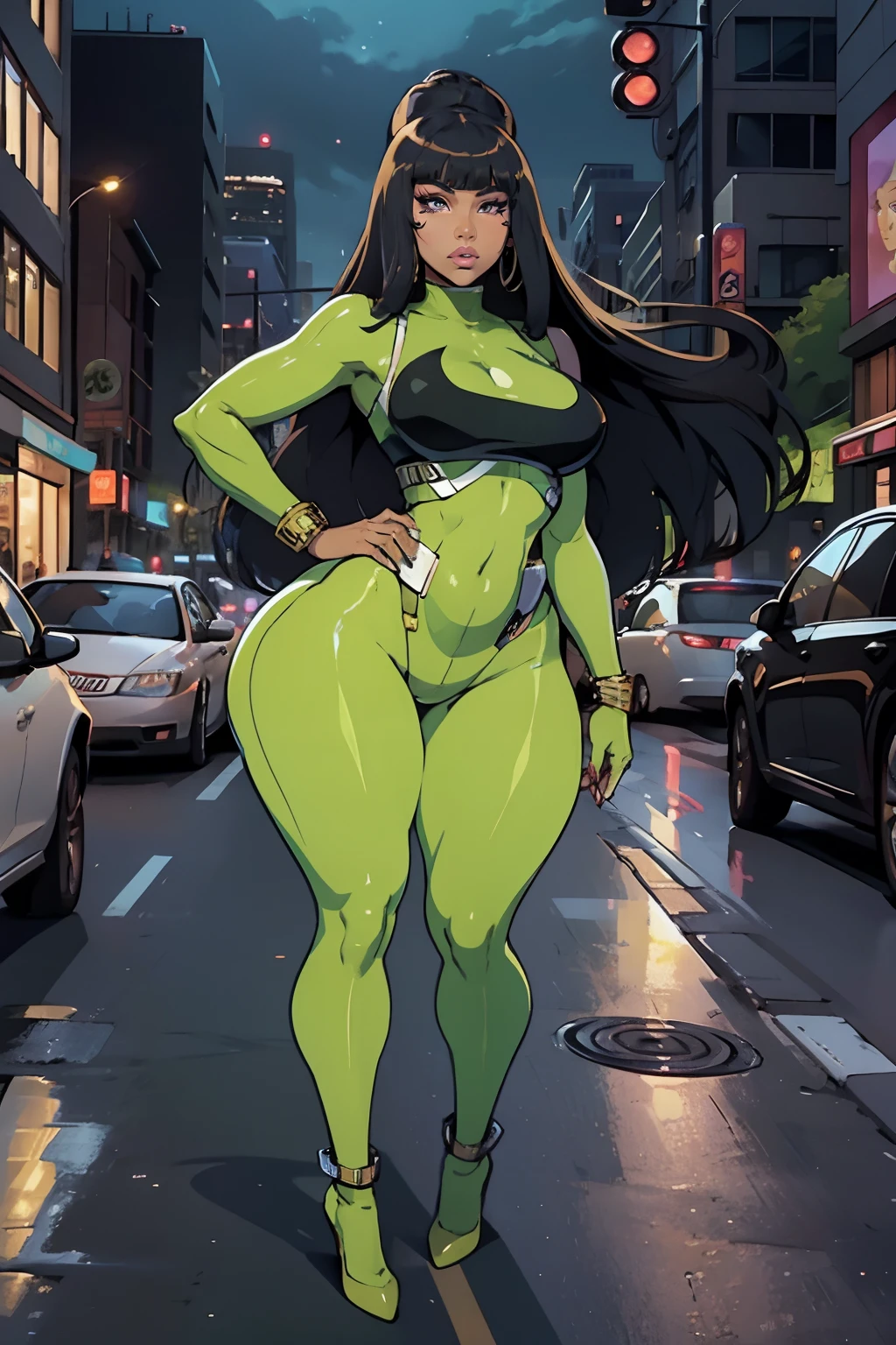 (nicki minaj), (fullbody), curvy, brown skin, (wide waist) (small breasts) long hair with bangs, makeup, super detailed, modern style, city, night, direct look, contoured