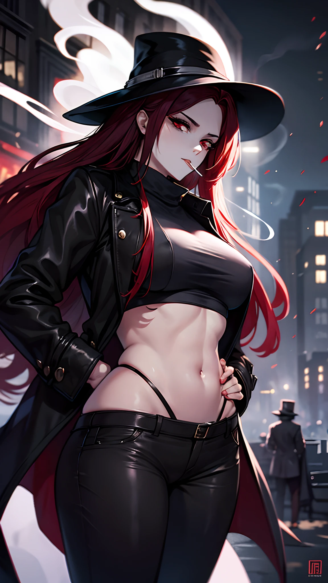 Girl, wide hips, black jacket, black pants, black hat, Mafioso, cigarette in your mouth, long red hair, Jojo style, Smoke Around, city backdrop, black and white background, Black and white photo with red contrast