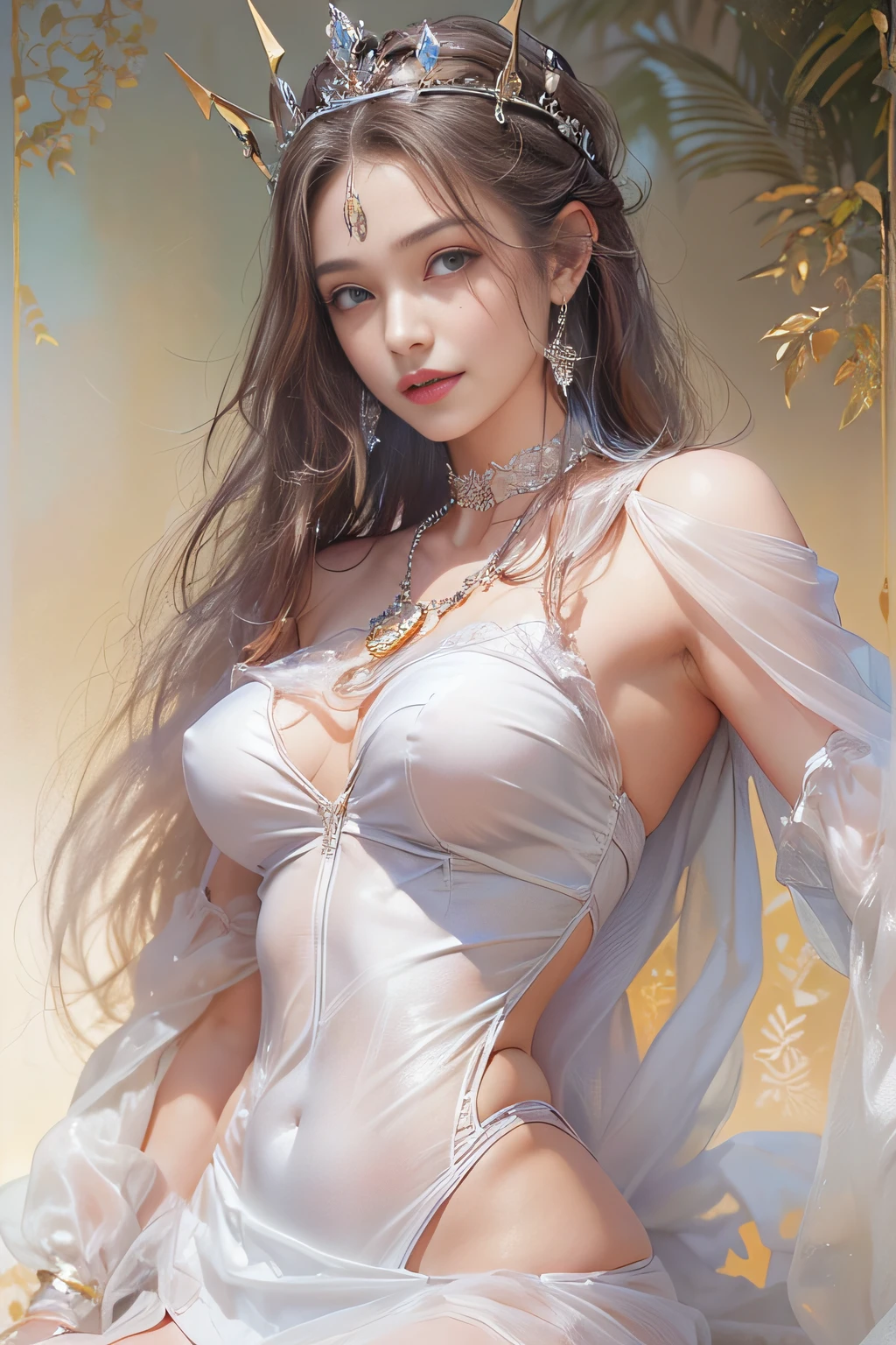 ((tmasterpiece:1.4)、(top-quality:1.4)、(reallistic:1.7))、By Luis Royo（By Luis Royo）Surreal portrait of a beautiful girl、Super beautiful girl、((1girl in:1.4))、Shiny natural skin texture、(The Queen's Gorgeous Costume)、((Sheer off-the-shoulder white one-piece mini skirt type:1.4))、((up skirt)),Authors：By Luis Royo（By Luis Royo）、age19、(Two arms:1.4、Two legs:1.4)、(perfect anatomia:1.4)、(Perfect female body:1.4)、Portrait photo of a girl、Close-up photos、Upper body photography、Fantasyart、Soft front light、Beautiful expression、kawaii faces、Beautiful udder、large full breasts:1.2、Beautiful ass、A detailed eye、Clearly eye-catching, beautiful and alluring、beautidful eyes、Narrow waist、Raw photo、red rip、Arrange your long hair as cool as a queen、(tiara crown:1.4、choker necklace:1.4、a necklace:1.4、耳Nipple Ring:1.4)、1 screen display、((Woman on all fours on silk bed)),((Translucent off-shoulder white dress))、((A smile)),((posterior view))、((Looks Back))、((White T-back panties visible)),((erection)),