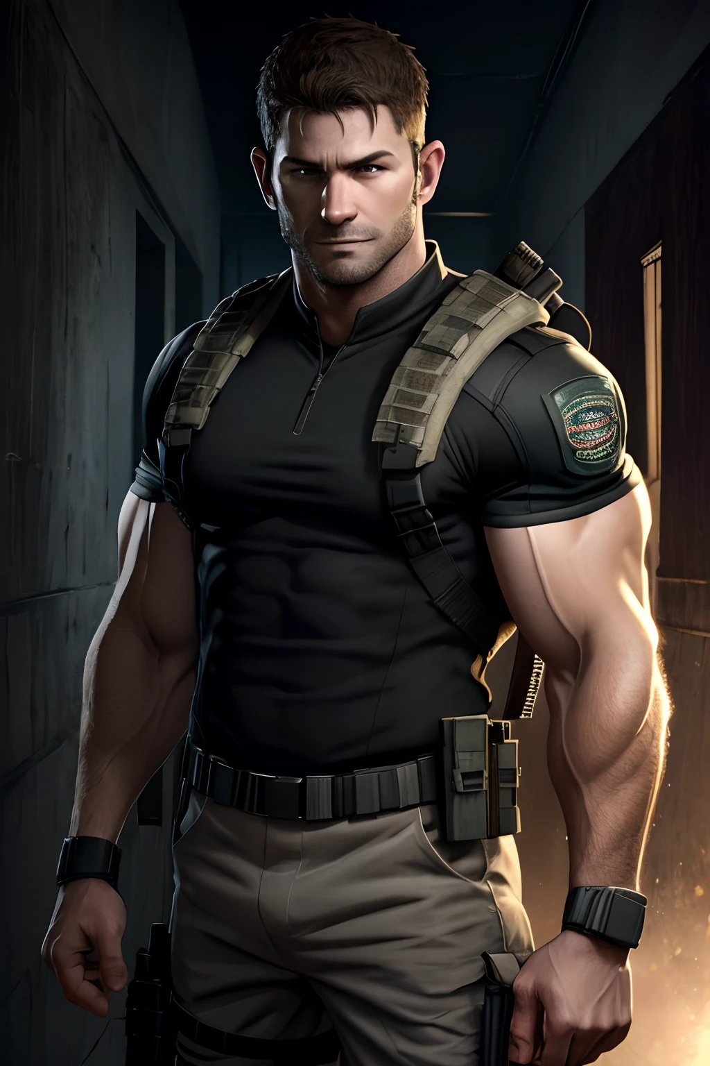 1 man, solo, 35 year old, Chris Redfield, are wearing uniform military, smirks, looking at the camera, black color on the shoulder and a bsaa logo on the shoulder, military tactical suit, equipment, tall and hunk, biceps, abs, chest, best quality, masterpiece, high resolution:1.2, upper body shot, dark black gloomy hallway with not background