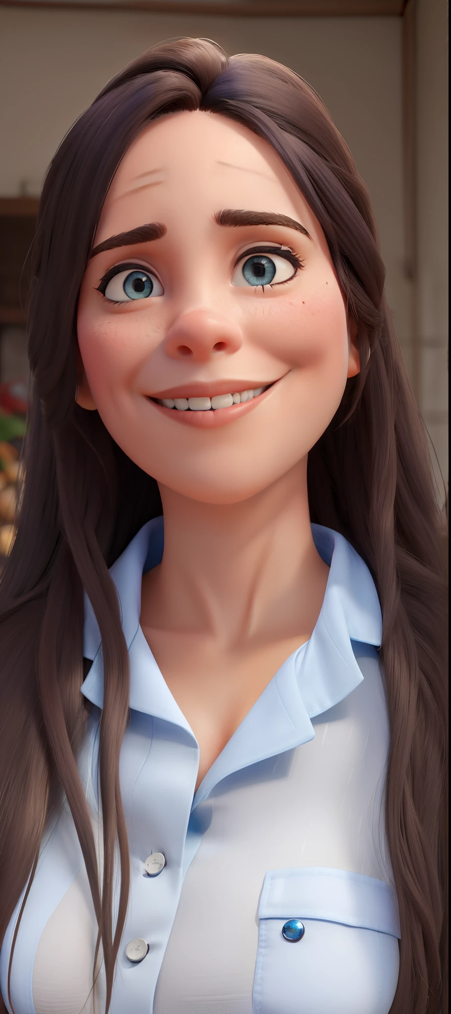 Obra-prima, de melhor qualidade, uma mulher, cabelo comprido, olhos castanhos, vestindo uma camisa azul