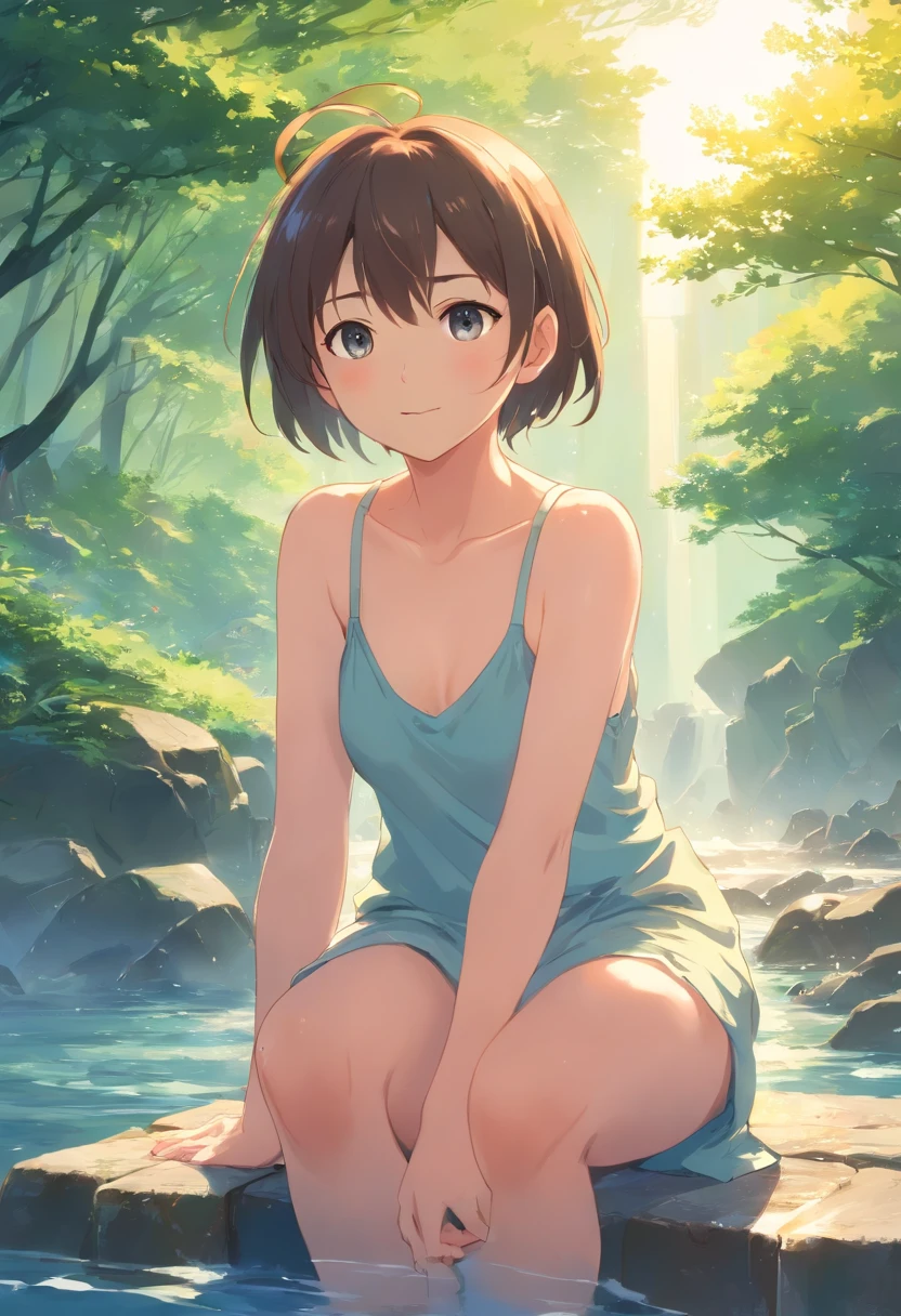 1girl in, (()), Bathing in a hot spring, outdoor bath, tiny chest, (((Naked))), Shorthair, Variety of hairstyles, sexy smiling,