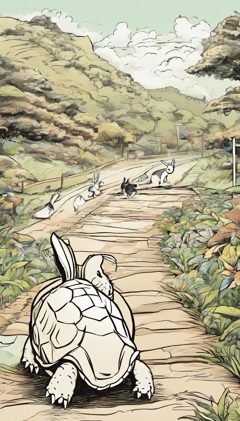 A commercial illustration with a good part in black, branco e verde-claro, In the middle of it is a turtle, and a light-brown rabbit just behind highlighted on an athletics track, excelling in the race due to the turtle being in front of the rabbit. The turtle finds itself getting closer and closer to the finish line. The turtle has a focused look and the rabbit is distracted by the scenery. The athletics track is located near the Christ the Redeemer and the Maracanã, The whole scenario has light colors without much prominence, estilo bem rustico. The top of the hill is portrayed in a natural way, com uma pista de atletismo em destaque. The image should have a natural style with fine strokes and neutral colors, A touch of manga. A tartaruga e o coelho devem ser retratados em detalhes, with their expressions demonstrating the willpower of the tortoise and the despondency of the hare. A imagem deve ser em preto e branco com alta qualidade, with a pencil and ink caricature drawing style, com cores neutras e leves. Make sure that the turtle is beating the rabbit in extremely realistic ways, but not artificial, symbolizing happiness and hope in the face of life's challenges.", 16k