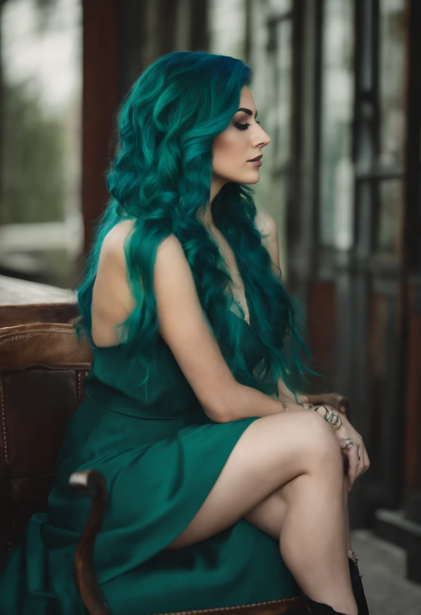 arafed woman with green hair and piercings sitting in a chair, dark green hair, inspired by Elsa Bleda, teal hair, ((greenish blue tones)), turquoise hair, profile pic, green and black hair, edited in photoshop, green hair, pretty girl with blue hair, short green hair, profile image, beautiful blue haired girl, with long turquoise hair