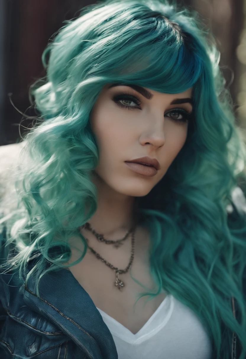 arafed woman with green hair and piercings sitting in a chair, dark green hair, inspired by Elsa Bleda, teal hair, ((greenish blue tones)), turquoise hair, profile pic, green and black hair, edited in photoshop, green hair, pretty girl with blue hair, short green hair, profile image, beautiful blue haired girl, with long turquoise hair