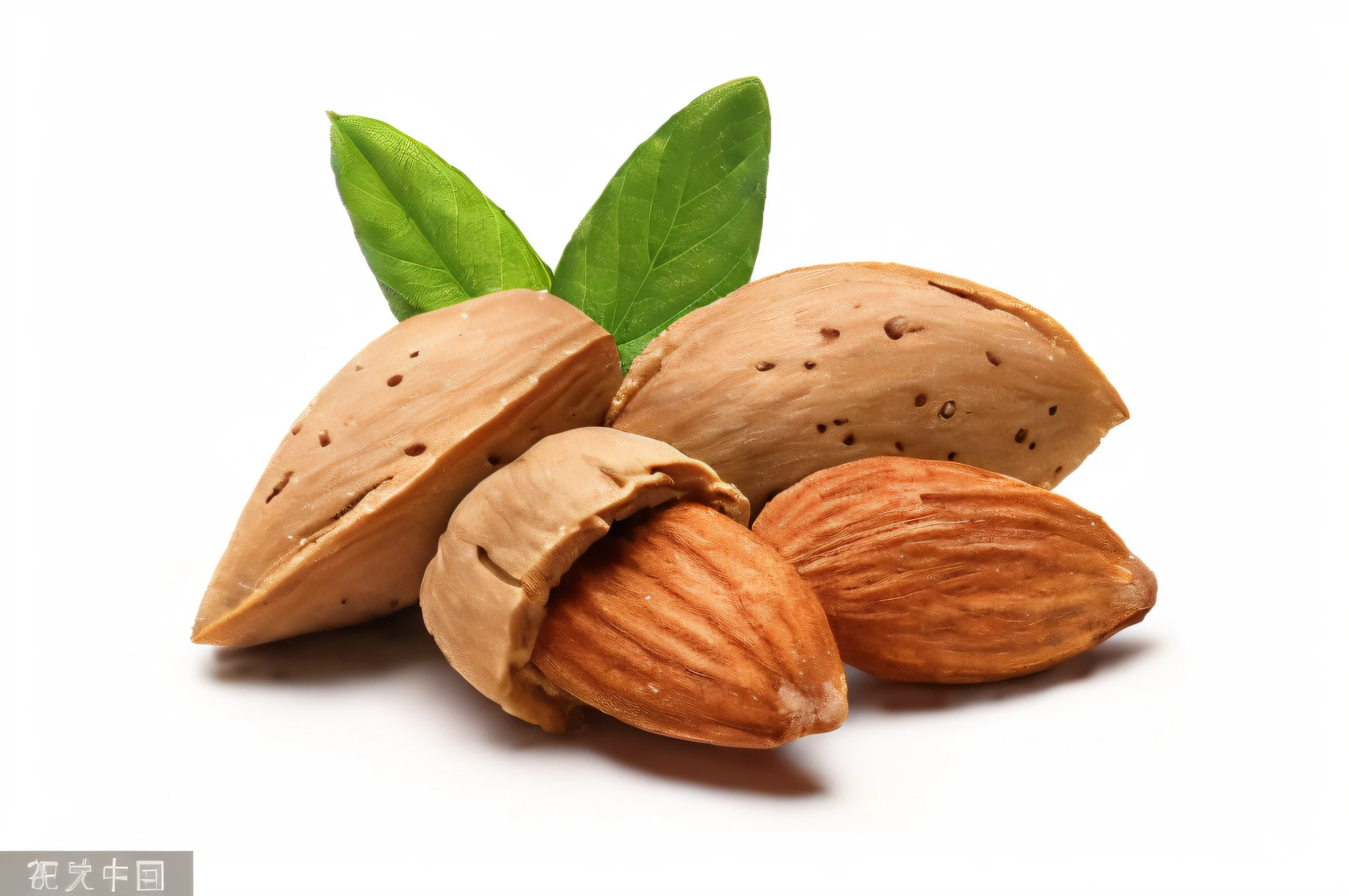 Nuts with leaves on a white background,  Almond HD Detail 8K hand-drawn style