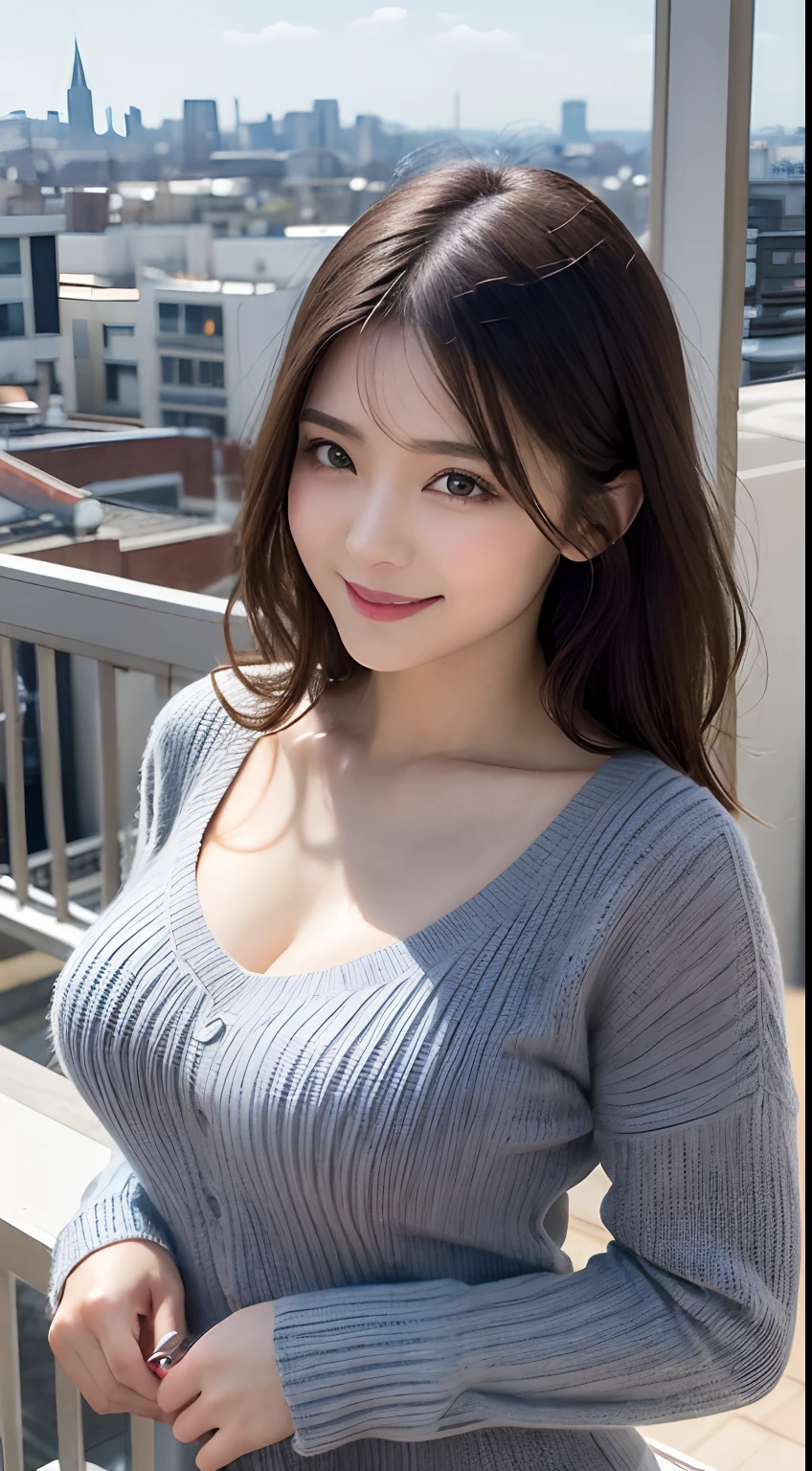 masutepiece, Best quality, Photorealsitic, finedetail, A high resolution, 8K wallpapers, Perfect dynamic composition, Beautiful detailed eyes, Medium hair, Large full breasts, Random and sexy pose,Random cases、(Skinny gray knitwear)、(Breast bulge 1.2)、A smile、view over city、25 age old、(Drooping eyes 1.3)、Adult beauty、jpn