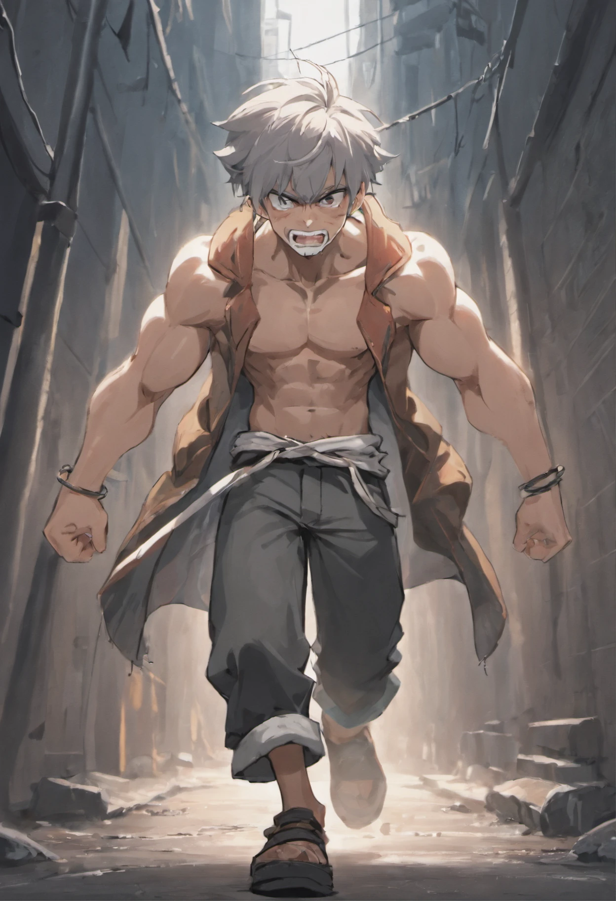 A strong very short gnome in dirty handmade sleeveless trenchcoat and a wide brimmed hat, shirtless bandages around his abdomin, ripped clothes, walking on the streets ancient kingdom at night, tattered black pants, holding a bo-staff made of wood thats taller then him, he is obviously a street thug looking for a fight, his hair was gray, he had a short beard, gray hair, thick big muscles, muscles, he his bearing his teeth in a aggressive manner, Ultra high resolution, ray tracing, volumetric light and shadow, super high resolution, rich background, episodic, action scene, anime style, stereotypical high school thug look,