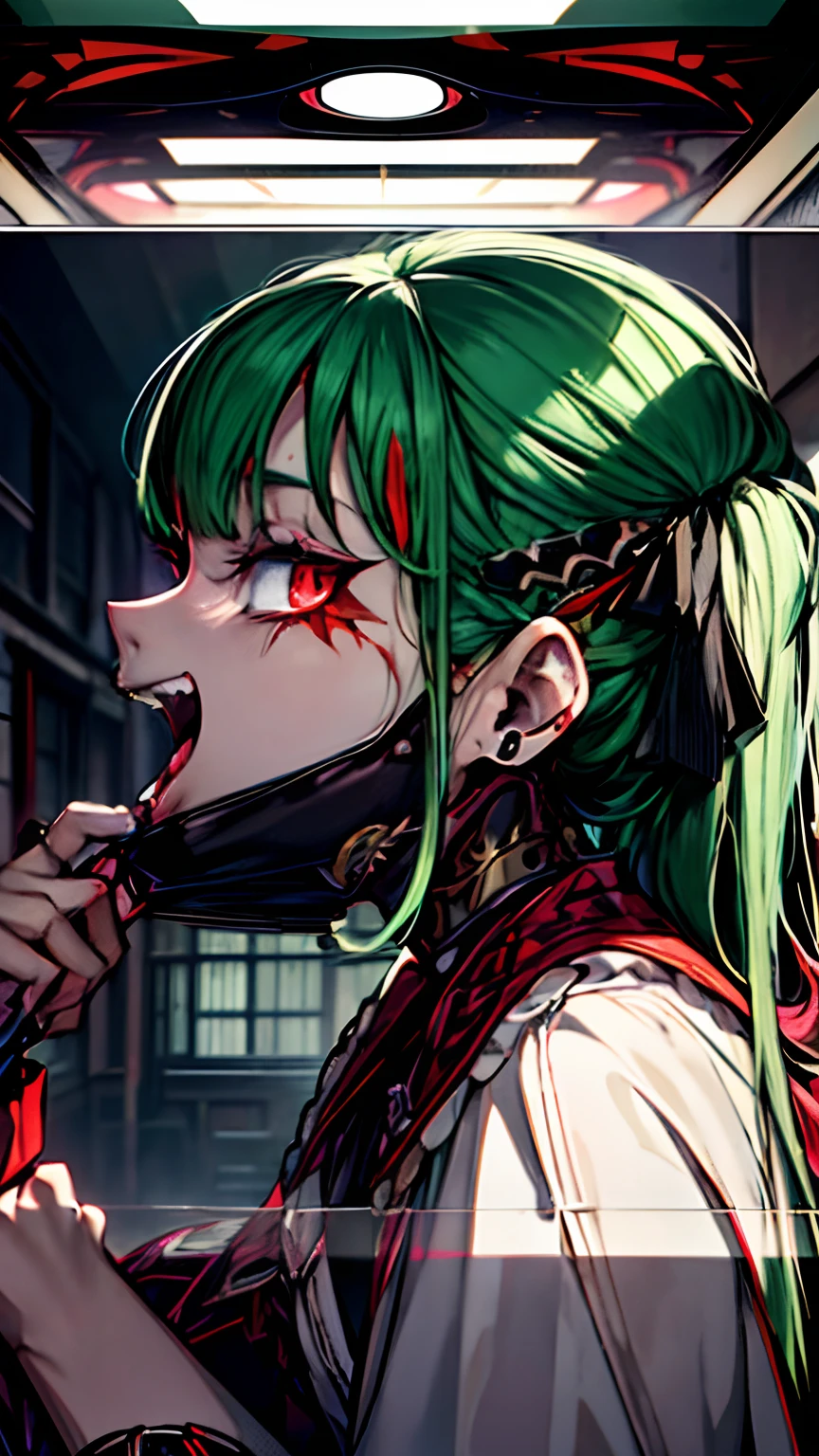 Pull the mask、Vampire、🧛♀️、dead body、Blood everywhere、blood splashing、dark hue、Red hue、、long、Green hair、Twin-tailed、Ahegao ( Silly / Sexual ecstasy)、Cross-eyed、Stranger、View other people、Blunt bangs、 over-kneehighs,Ahegao , Silly,Sexual ecstasy,Drunken eyes,Blunt bangs, Green hair,(masutepiece:1.2, Best Quality), (finely detailed beautiful eye: 1.2), (Detailed background,Dark Fantasy), (beautifull detailed face), High contrast, (Best Illumination, extremely delicate and beautiful), ((Cinematic Light)), Colorful, Hyper Detail, Dramatic light, Intricate details,