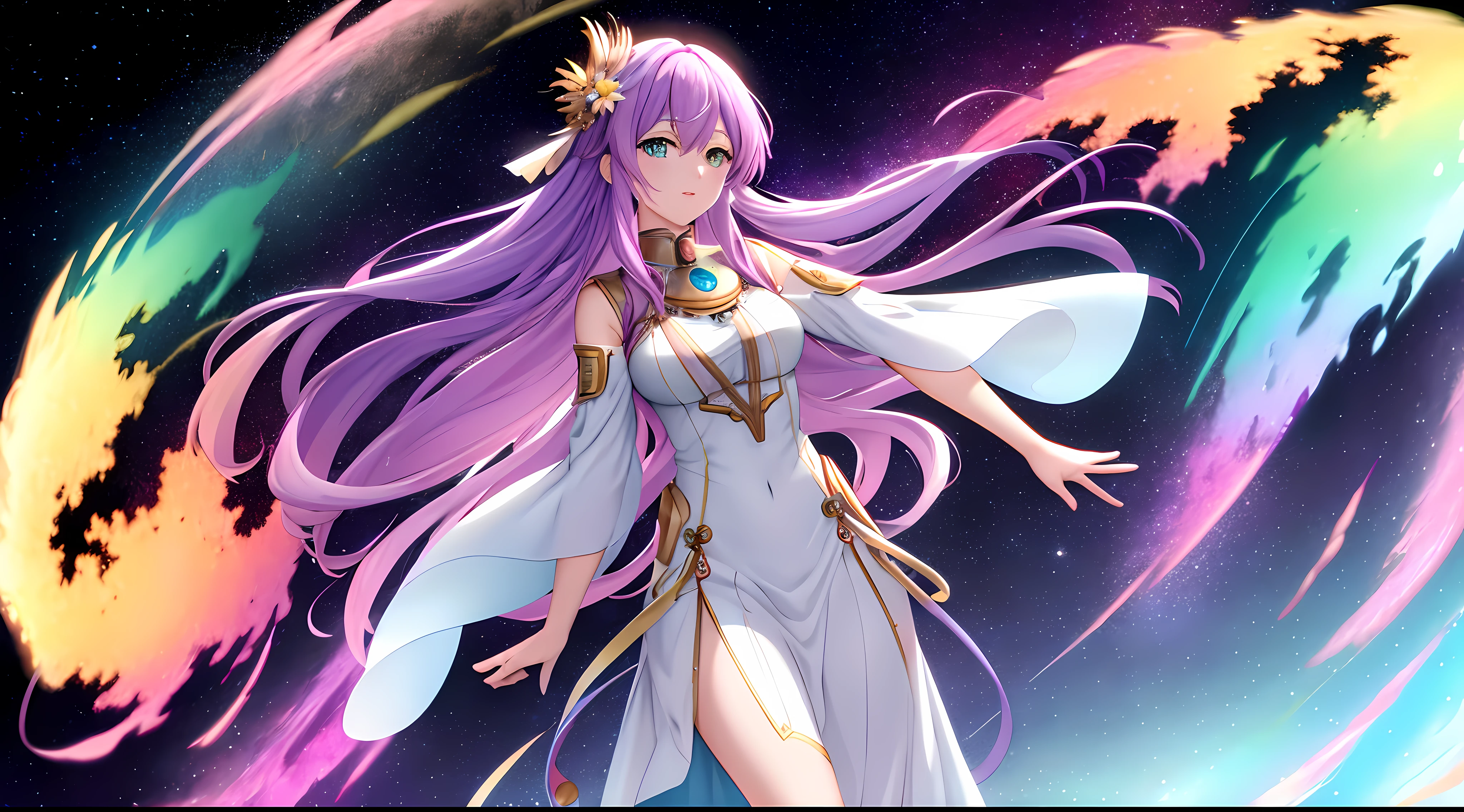 Athena with plain long light purple hair,hair between eyes,green eyes,rosy cheeks,full lips,thin eyebrows,slender body,wearing cosmic-themed tunic with swirling galaxies, representing creation and order and full long skirt,cute anime girl,full body,desert night sky nebulae and stars in background,anime style,Lumen Reflections,Screen Space Reflections,Diffraction Grading,Chromatic Aberration,GB Displacement,Scan Lines,Ray Traced,Anti-Aliasing,FXAA,TXAA,RTX,SSAO,Shaders,OpenGL-Shaders, GLSL-Shaders,Post Processing,Post-Production,cell Shading,Tone Mapping,CGI,VFX,SFX,insanely detailed and intricate, 4K,standing, solo, masterpiece, best quality, detailed face, detailed eyes, highres, standing, solo,masterpiece, best quality