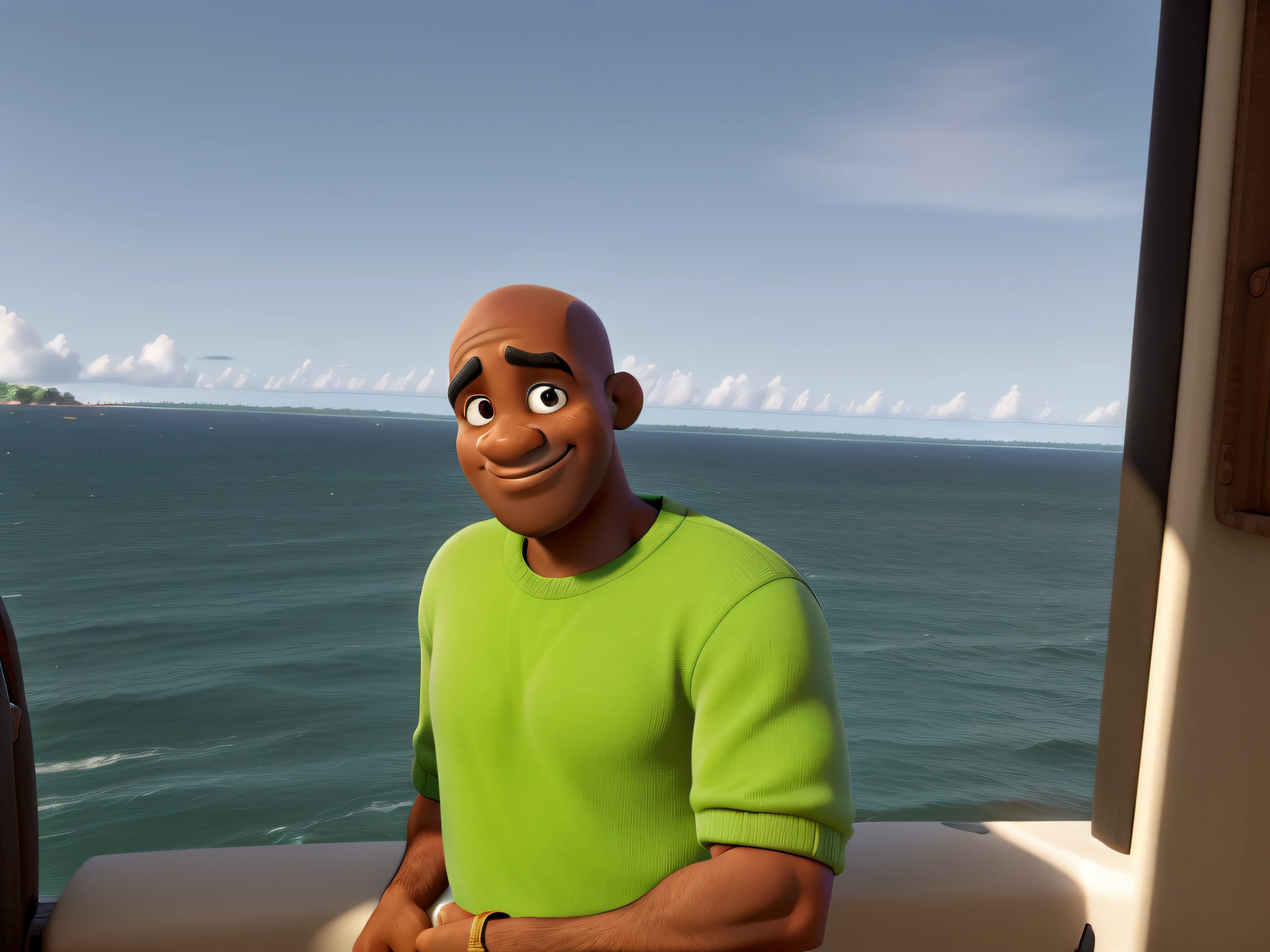 Um homem negro careca estilo disney pixar, alta qualidade, melhor qualidade