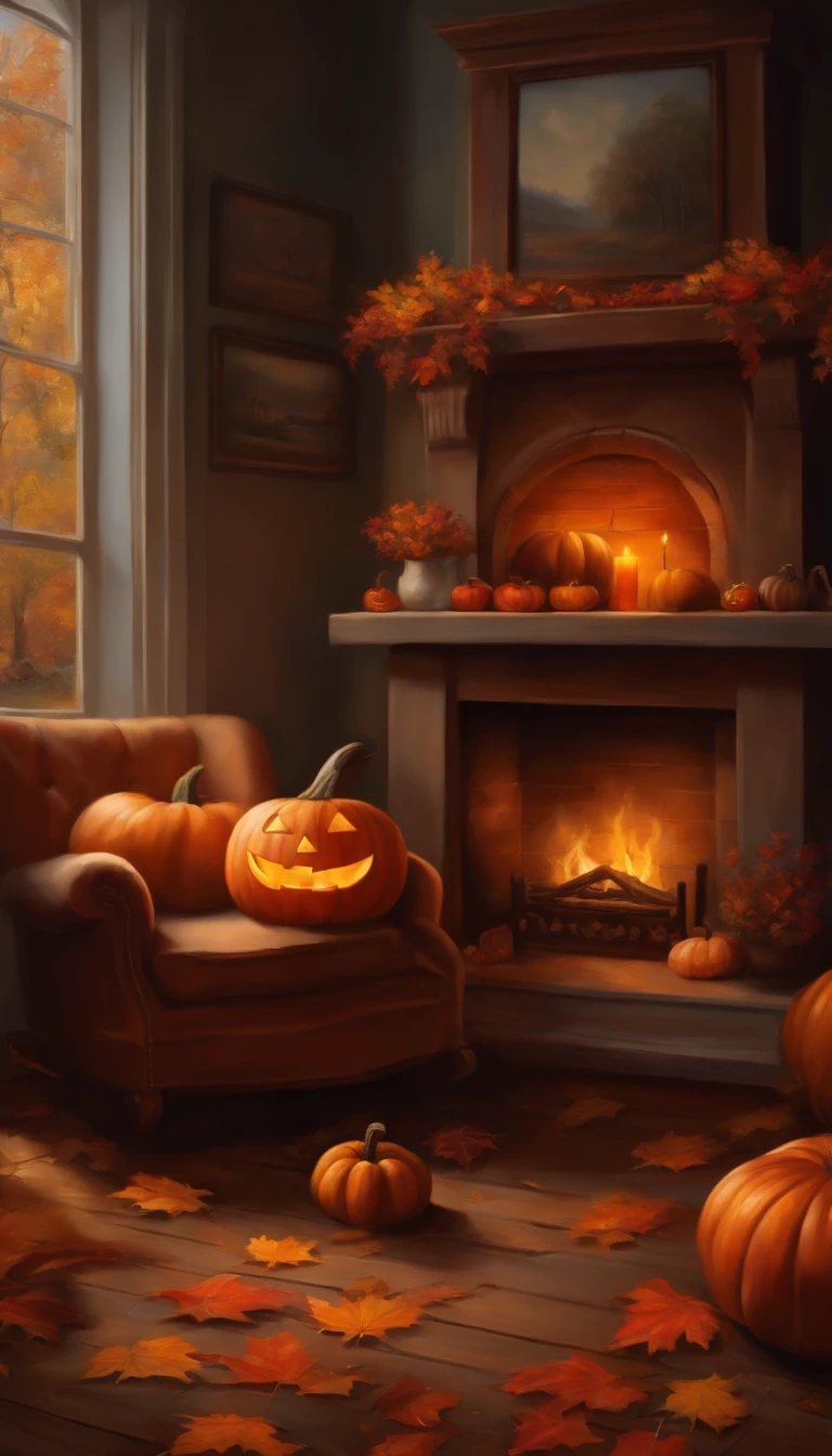 Jack-o'-lantern、Oil painting of cozy scene in fireplace, bookcase, and a cup of hot chocolate, There are several autumn leaves and one pumpkin on the mantelpiece and floor.