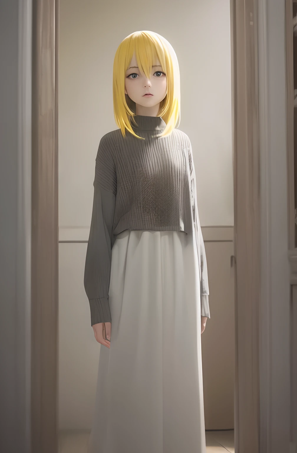 A yellow-haired,eBlue eyes,hesitate,stillness