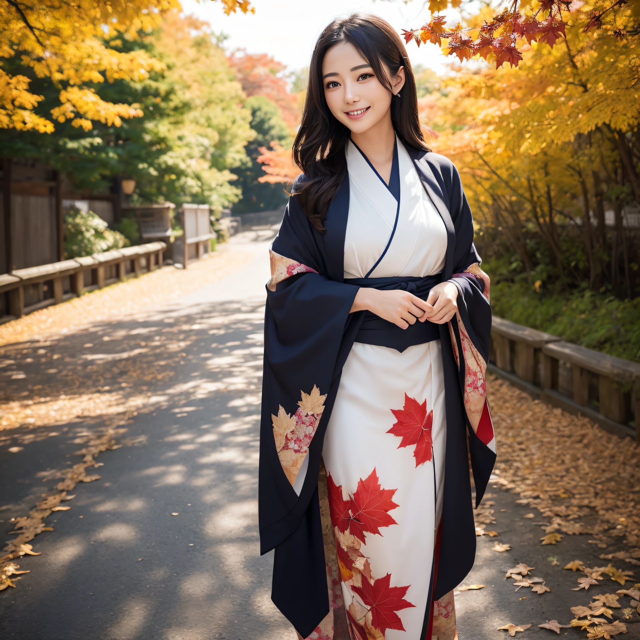 (Super beautiful woman in kimono)、((best qualtiy、8k masterpieces:1.3))、foco nítido:1.2、(ultra beautiful faces:1.0)、(shinny skin:1.0)、photos realistic、A dark-haired、Video Lighting、High-definition eyes and face、Video Lighting、Japanese actressl、from the front side、medium breasts、With a happy smile、wearing kimonos、Under the autumn leaves、