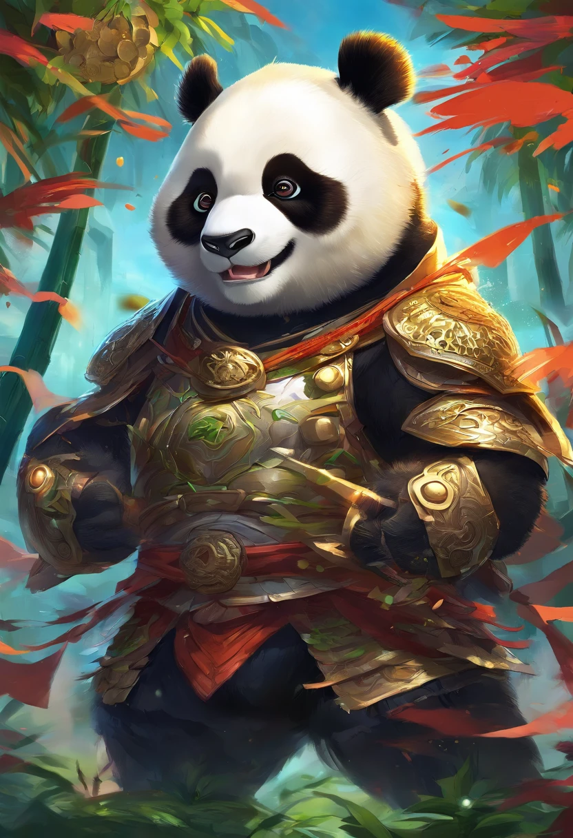 The anime scene where the giant panda is the main character roars and shows great power., The background is a full moon.。, There are bamboo fighting groups in many areas.,Trends about CGSTATION, beautiful art illustrations, details Detailed Drake style digital artwork, fantasy anime illustrations, Guviz style artwork, digital illustrations of poster logos, by Yang J, durians in various areas, and silver and gold coins flying throughout the area.. PIXIV contest winners, Artstation Pixiv trends, 5 star brand logos, bamboo business, fantasy, dark side, Glue, 1 character, simple background, portrait, fierce panda's face is roaring, conquering fighter, king of the bamboo forest, loves durian, very beautiful fantasy art, super warrior panda king of the forest. Bamboo, beautifully detailed imagination, gold coins flying all over the space, green and orange-themed.,2D,UHD,18K,