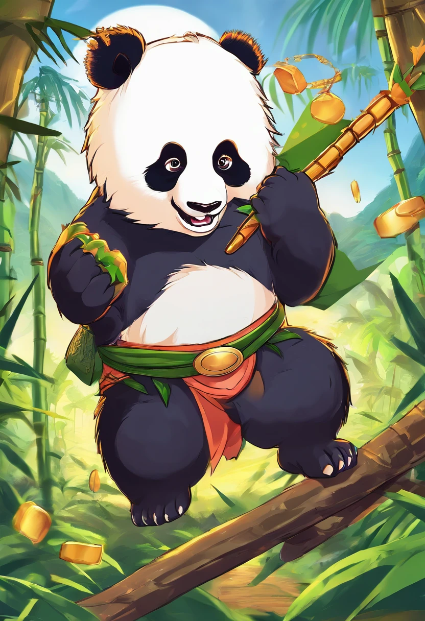 The anime scene where the giant panda is the main character roars and shows great power., The background is a full moon.。, There are bamboo fighting groups in many areas.，Trends about CGSTATION, beautiful art illustrations, details  Detailed Drake style digital artwork, fantasy anime illustrations, Guviz style artwork, digital illustrations of poster logos, by Yang J, durians in various areas, and silver and gold coins flying throughout the area..  PIXIV contest winners, Artstation Pixiv trends, 5 star brand logos, bamboo business, fantasy, dark side, Glue, 1 character, simple background, portrait, fierce panda's face is roaring, conquering fighter, king of the  bamboo forest, loves durian, very beautiful fantasy art, super warrior panda king of the forest. Bamboo, beautifully detailed imagination, gold coins flying all over the space, green and orange-themed.,2D,UHD,18K,