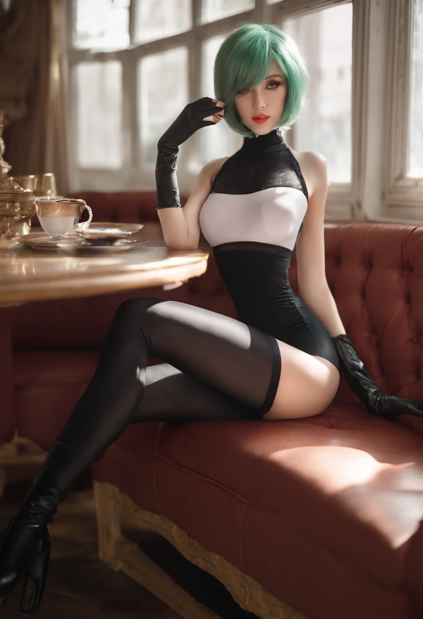 a woman in a sexy outfit is sitting on a table, breasts, blush, short hair, bangs, large breasts, thighhighs, navel, medium breasts, closed mouth, green eyes, blue hair, white hair, thighs, penis, pussy, indoors, spread legs, black footwear, covered nipples, leotard, clothing cutout, window, uncensored, cameltoe, thigh boots, highleg, squatting, curtains, sex toy, anal, object insertion, dildo, shrug (clothing), anal object insertion, heart cutout, pussy peek, dildo riding