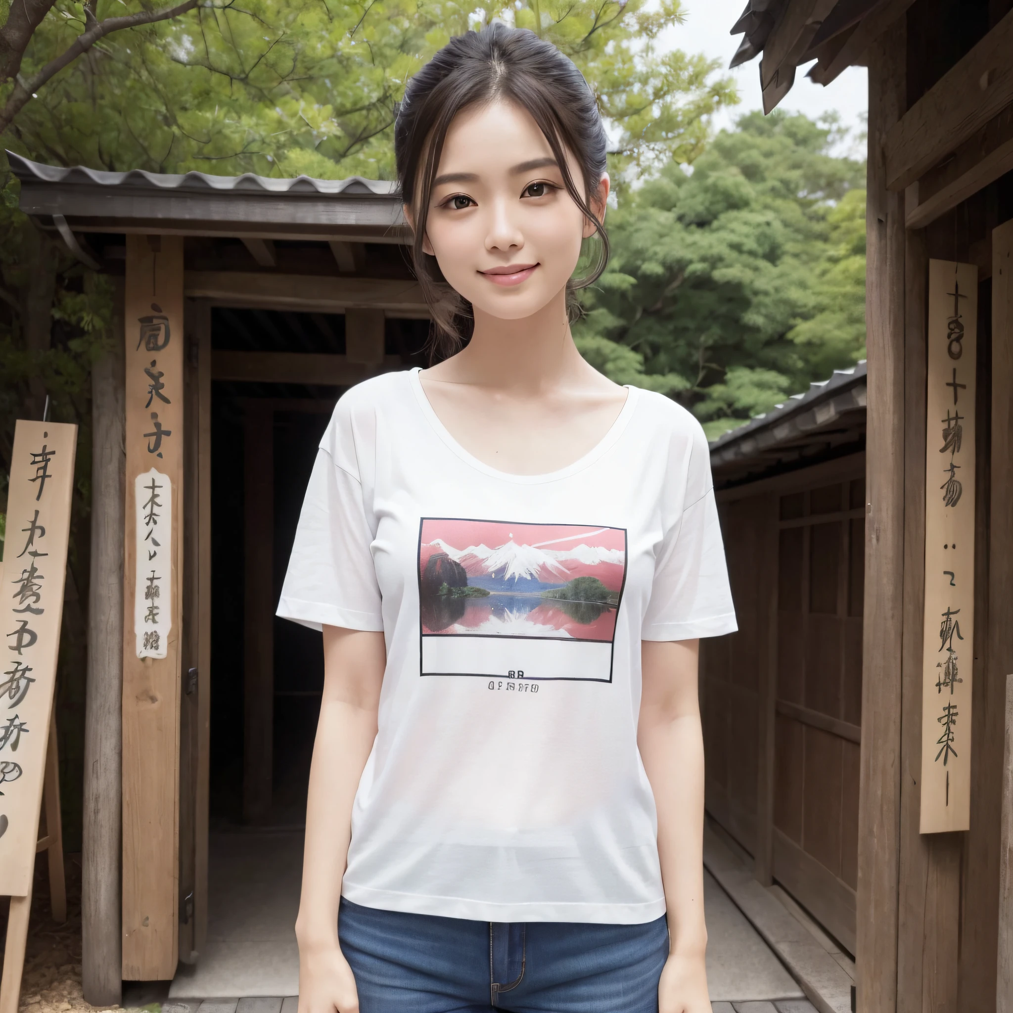 One beauty、((best qualtiy、8k masterpieces:1.3))、foco nítido:1.2、(ultra beautiful faces:1.0)、(shinny skin:1.0)、photos realistic、A dark-haired、Video Lighting、High-definition eyes and face、Video Lighting、25-year-old Japan actress、from the front side、medium breasts、Smile、Slender Abs Beauty、Whole body、Kanji for Japan「tenderness」Wearing a T-shirt、At the shrine