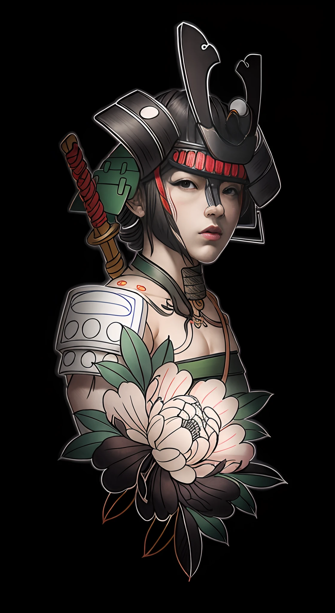 um desenho de um samurai com uma espada e flores, tatuagens de desenho de linha, tatuagem de gueixa, inspired by Shunkōsai Hokushū, female samurai, inspired by Ryūkōsai Jokei, inspired by Kawanabe Kyōsai, bela arte de linha, inspired by Kanō Hōgai, japanese warrior