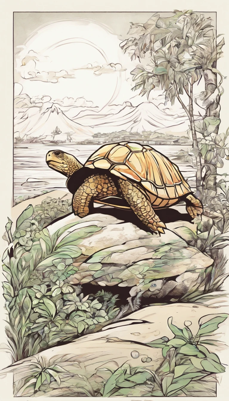 A commercial illustration with a good part in black, branco e verde-claro, In the middle of it is a turtle overtaking a light brown rabbit highlighted on an athletics track, Standing out in the race: the rabbit being overtaken by the turtle due to the turtle being in front of the rabbit. The turtle finds itself getting closer and closer to the finish line. The turtle has a focused look and the rabbit is distracted by the scenery. The athletics track is located near the Christ the Redeemer and the Maracanã, The whole scenario has light colors without much prominence, estilo bem rustico. The top of the hill is portrayed in a natural way, com uma pista de atletismo em destaque. The image should have a natural style with fine strokes and neutral colors, A touch of manga. A tartaruga e o coelho devem ser retratados em detalhes, with their expressions demonstrating the willpower of the tortoise and the despondency of the hare. A imagem deve ser em preto e branco com alta qualidade, with a pencil and ink caricature drawing style, com cores neutras e leves. Make sure that the turtle is beating the rabbit in extremely realistic ways, but not artificial, symbolizing happiness and hope in the face of life's challenges.", 16k