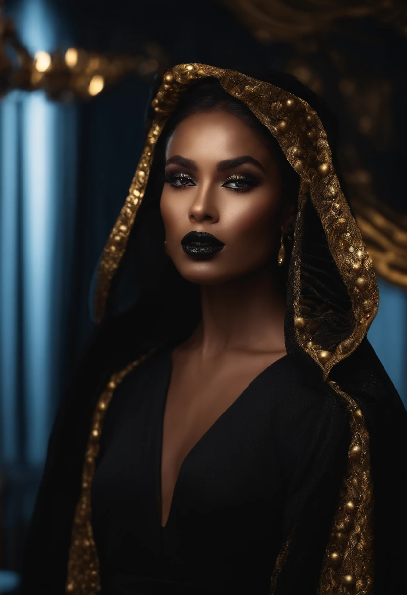 Big frame, black background, shadow black face, gold lips, super realistic 8k