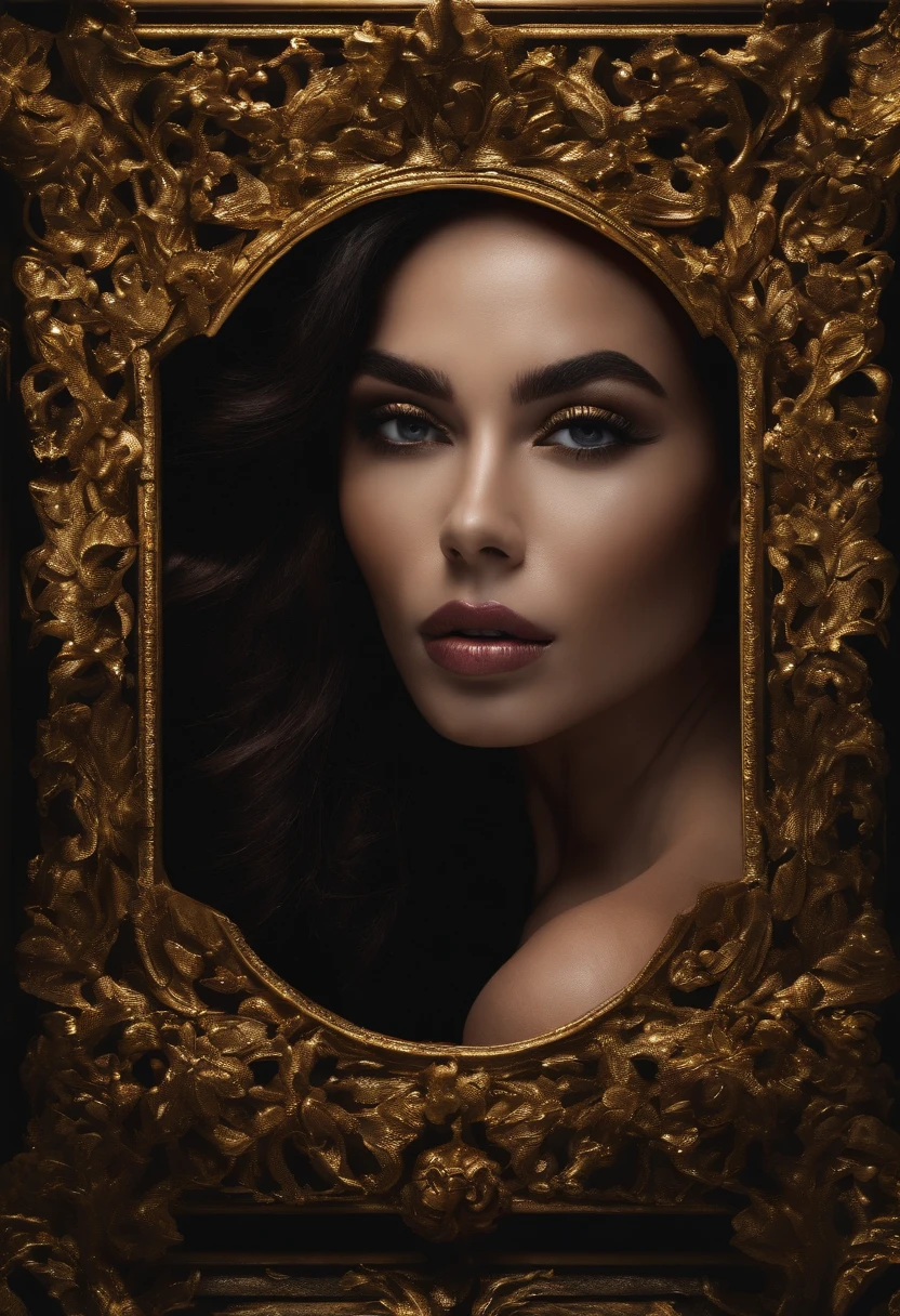 Big frame, black background, shadow black face, gold lips, super realistic 8k