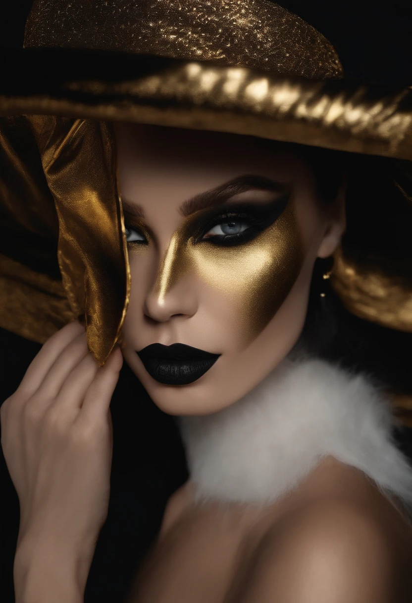 Big frame, black background, shadow black face, gold lips, super realistic 8k