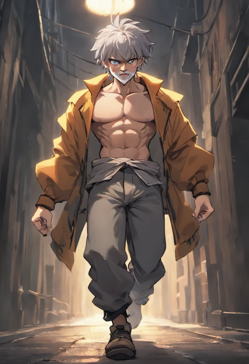 A strong very short gnome in dirty handmade sleeveless trenchcoat and his prized wide brimmed hat, shirtless bandages around his abdomin, ripped clothes, walking on the streets ancient kingdom at night, tattered black pants, holding a bo-staff made of wood thats taller then him, he is obviously a street thug looking for a fight, his hair was gray, he had a short beard, gray hair, thick big muscles, muscles, he his bearing his teeth in a aggressive manner, Ultra high resolution, ray tracing, volumetric light and shadow, super high resolution, rich background, episodic, action scene, anime style, stereotypical high school thug look,