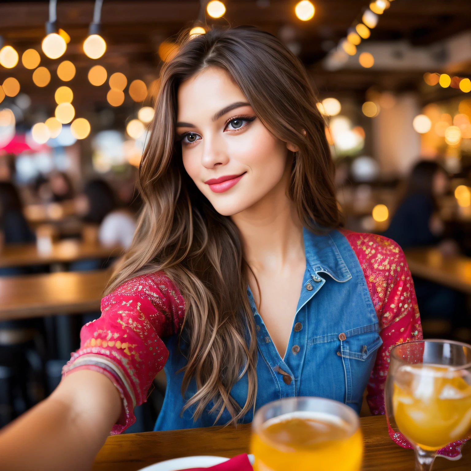 (best quality,realistic),brown hair,beautiful detailed eyes and lips, long hair flowing in the wind,girl taking a selfie in a vibrant restaurant,brown eyes,perfectly styled hair,modern and trendy atmosphere,stylish outfit,delicious food and drinks on the table,energetic and lively atmosphere,background filled with people enjoying their time,beautiful decorations and colorful lights,vibrant and eye-catching colors,perfect lighting to capture the moment