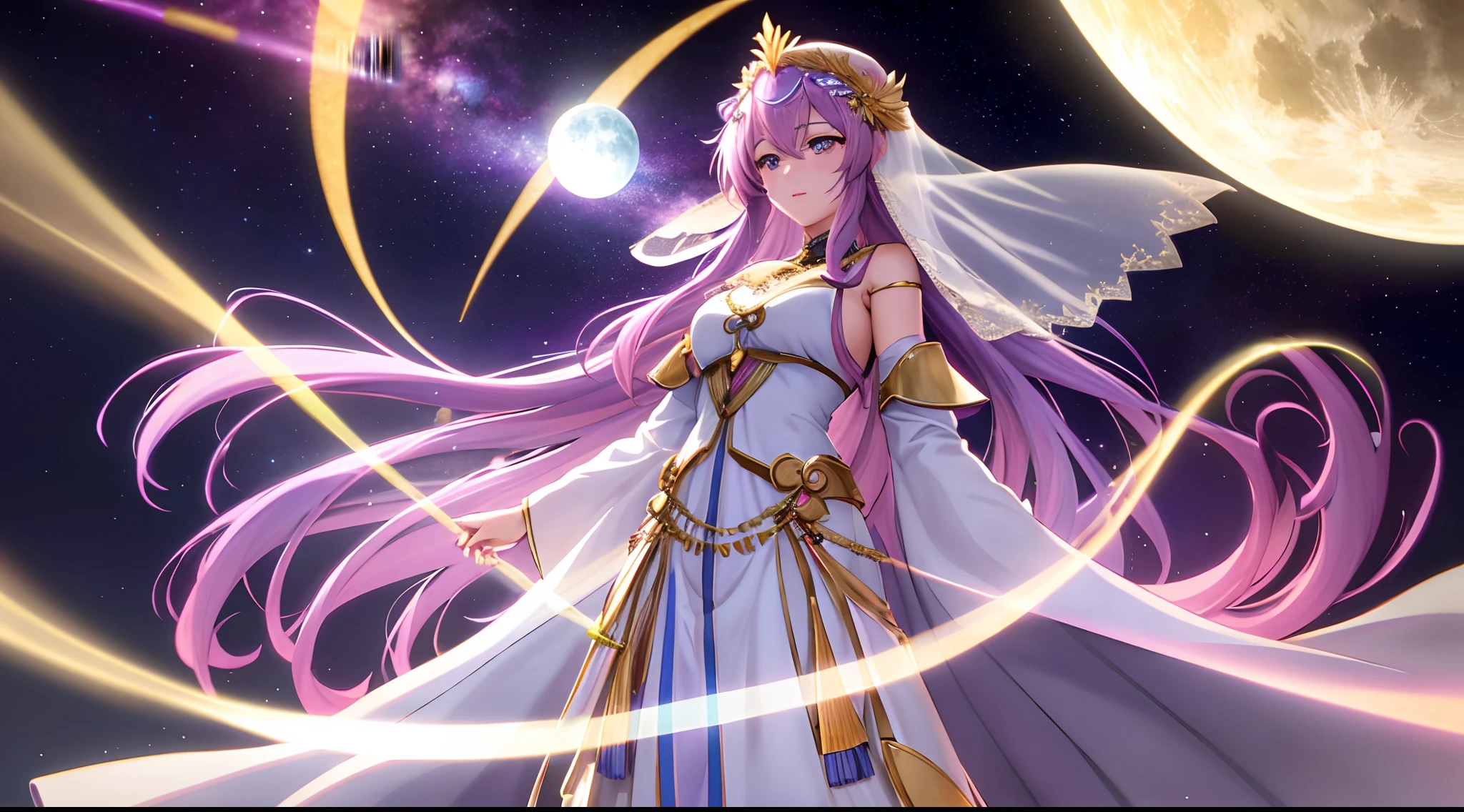 Athena with plain long light purple hair,hair between eyes,green eyes,rosy cheeks,full lips,thin eyebrows,slender body,wearing flowing veil and robes adorned with moon and star motifs and full long skirt,cute anime girl,full body,desert night sky nebulae and stars in background,anime style,Lumen Reflections,Screen Space Reflections,Diffraction Grading,Chromatic Aberration,GB Displacement,Scan Lines,Ray Traced,Anti-Aliasing,FXAA,TXAA,RTX,SSAO,Shaders,OpenGL-Shaders, GLSL-Shaders,Post Processing,Post-Production,cell Shading,Tone Mapping,CGI,VFX,SFX,insanely detailed and intricate, 4K,standing, solo, masterpiece, best quality, detailed face, detailed eyes, highres, standing, solo,masterpiece, best quality
