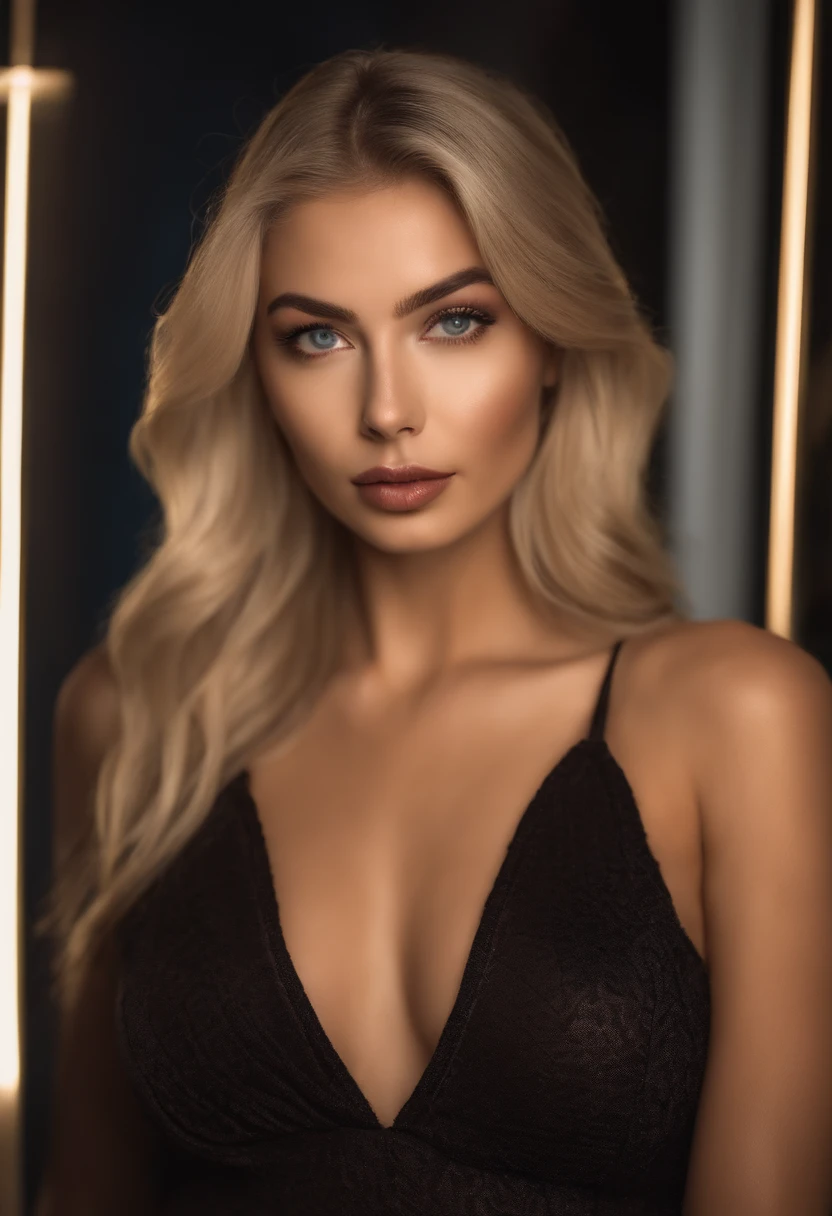 Blonde woman posing in a nightclub, Sexy girl with blue eyes, portrait sophie mudd,  blurr background, hot makeup, Best quality, 1girll, Portrait of Corinna Kopf, blonde hair and large eyes, selfie of a young woman, Orn makeup, natural makeup, Look directly into the camera, face with artgram, Decentus makeup, Great full body photo, Being in the room, Large of breast, Blonde, latina