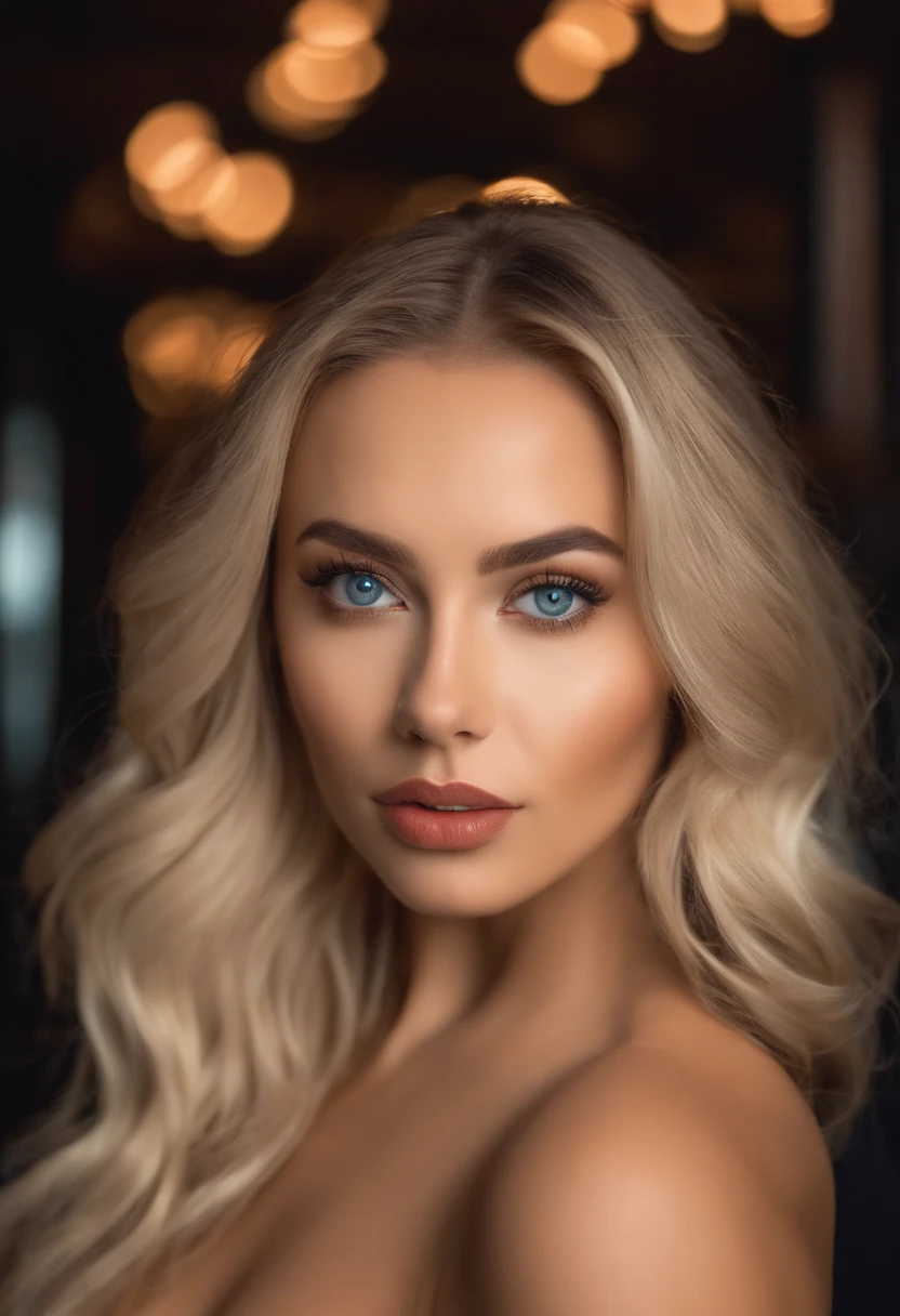 Blonde woman posing in a nightclub, Sexy girl with blue eyes, portrait sophie mudd,  blurr background, hot makeup, Best quality, 1girll, Portrait of Corinna Kopf, blonde hair and large eyes, selfie of a young woman, Orn makeup, natural makeup, Look directly into the camera, face with artgram, Decentus makeup, Great full body photo, Being in the room, Large of breast, Blonde, latina