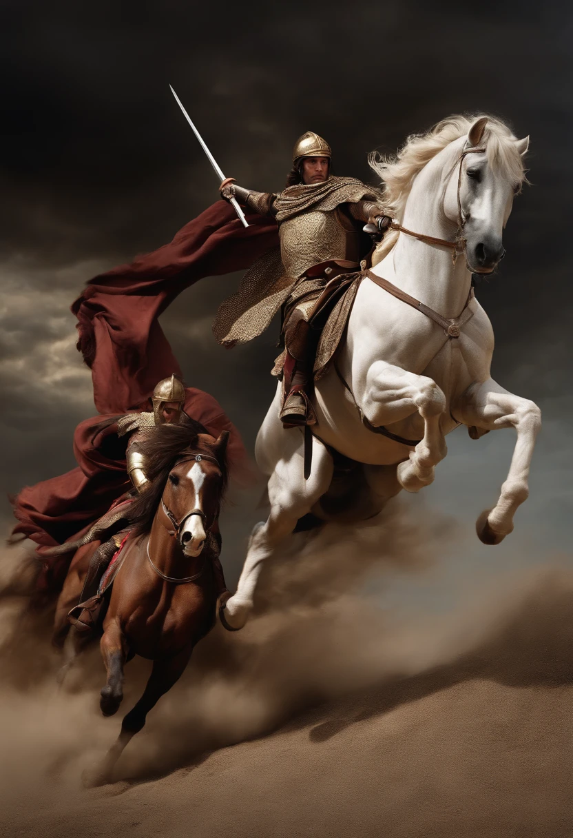 Alexander and Bucephalus charge into the fray, their swords raised high with real skin, clear face realistic