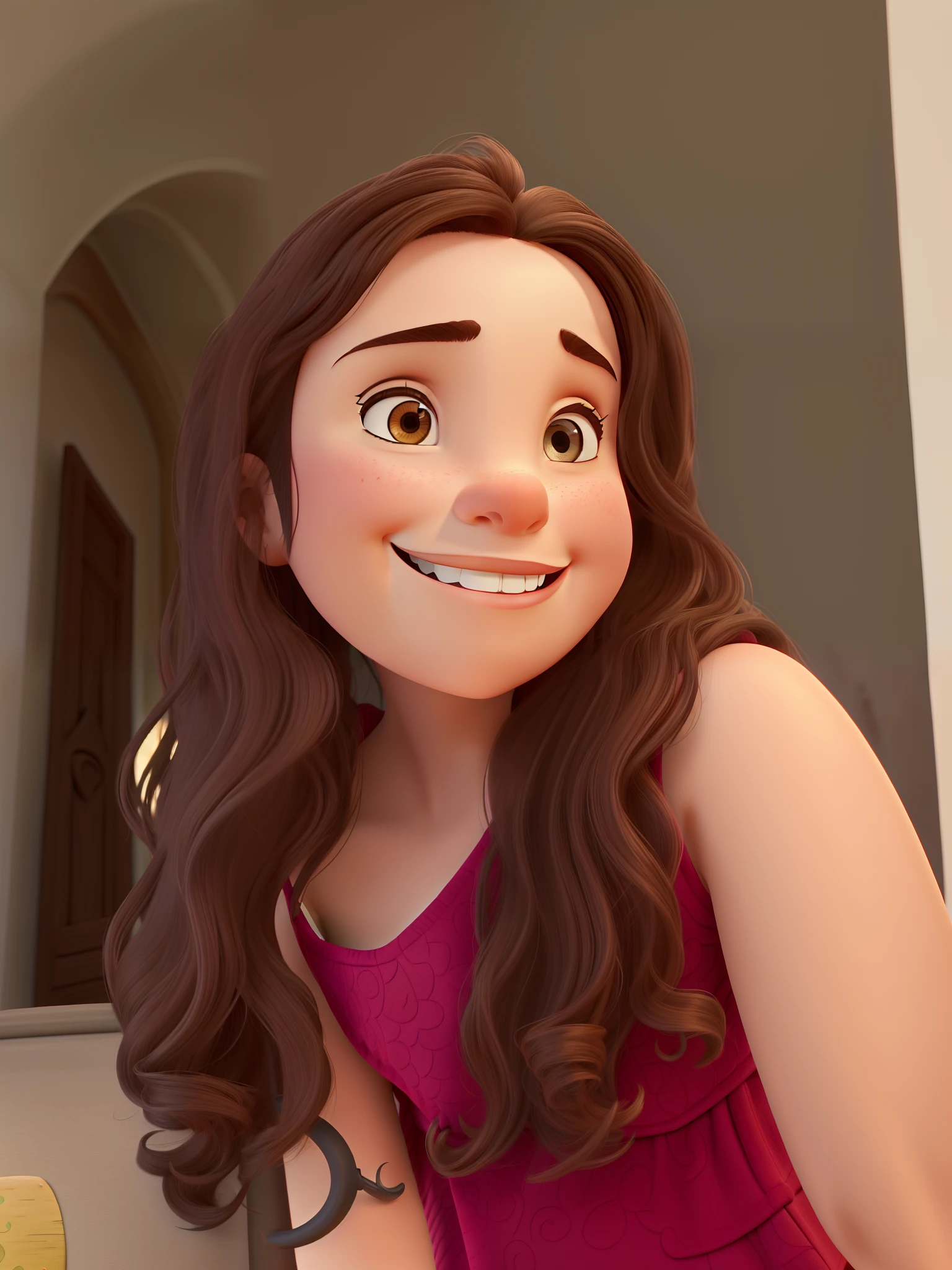 Estilo Disney Pixar, A wavy brown medium hair girl smiling, Objects that refer to art on a background of a catholic church