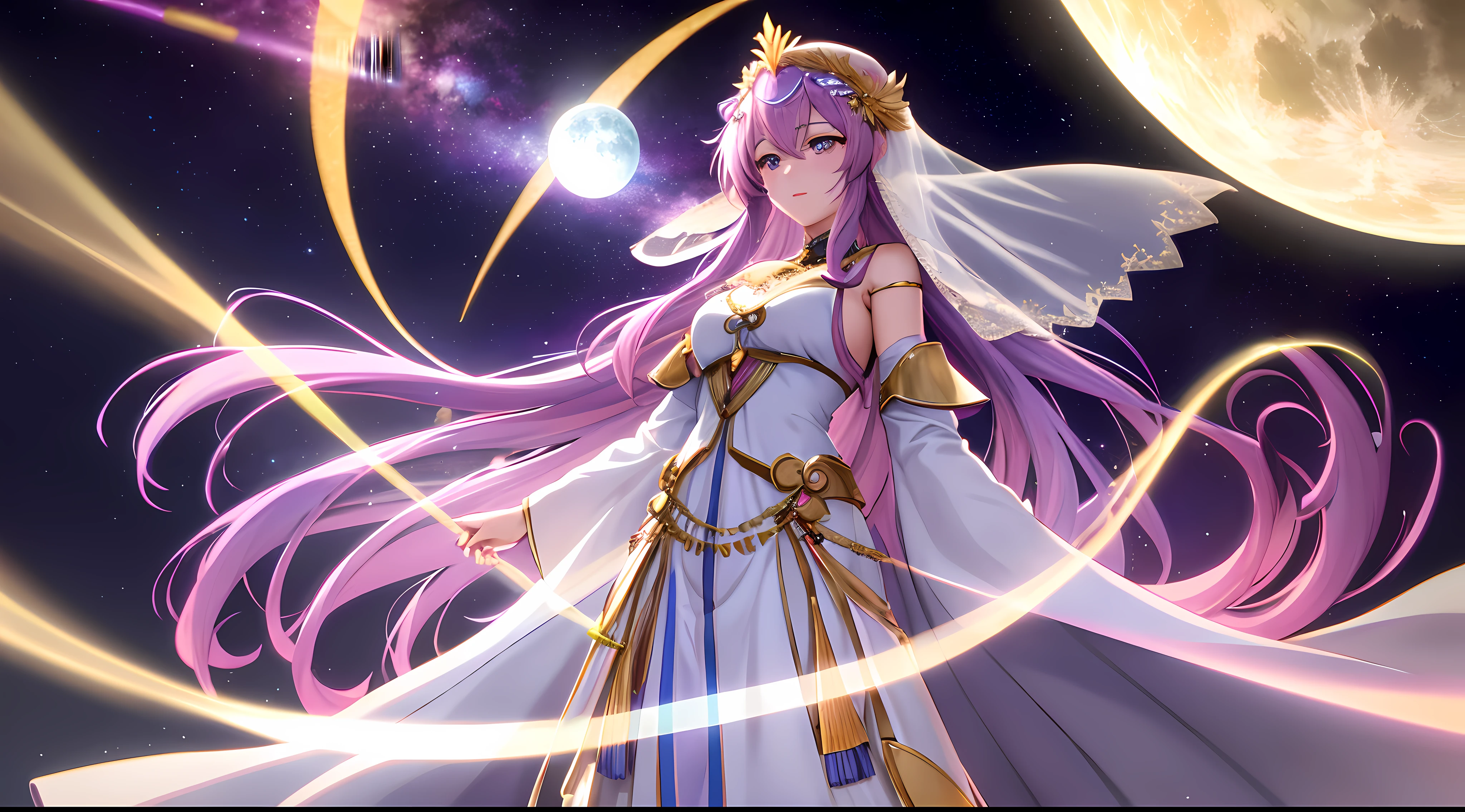 Athena with plain long light purple hair,hair between eyes,green eyes,rosy cheeks,full lips,thin eyebrows,slender body,wearing flowing veil and robes adorned with moon and star motifs and full long skirt,cute anime girl,full body,desert night sky nebulae and stars in background,anime style,Lumen Reflections,Screen Space Reflections,Diffraction Grading,Chromatic Aberration,GB Displacement,Scan Lines,Ray Traced,Anti-Aliasing,FXAA,TXAA,RTX,SSAO,Shaders,OpenGL-Shaders, GLSL-Shaders,Post Processing,Post-Production,cell Shading,Tone Mapping,CGI,VFX,SFX,insanely detailed and intricate, 4K,standing, solo, masterpiece, best quality, detailed face, detailed eyes, highres, standing, solo,masterpiece, best quality