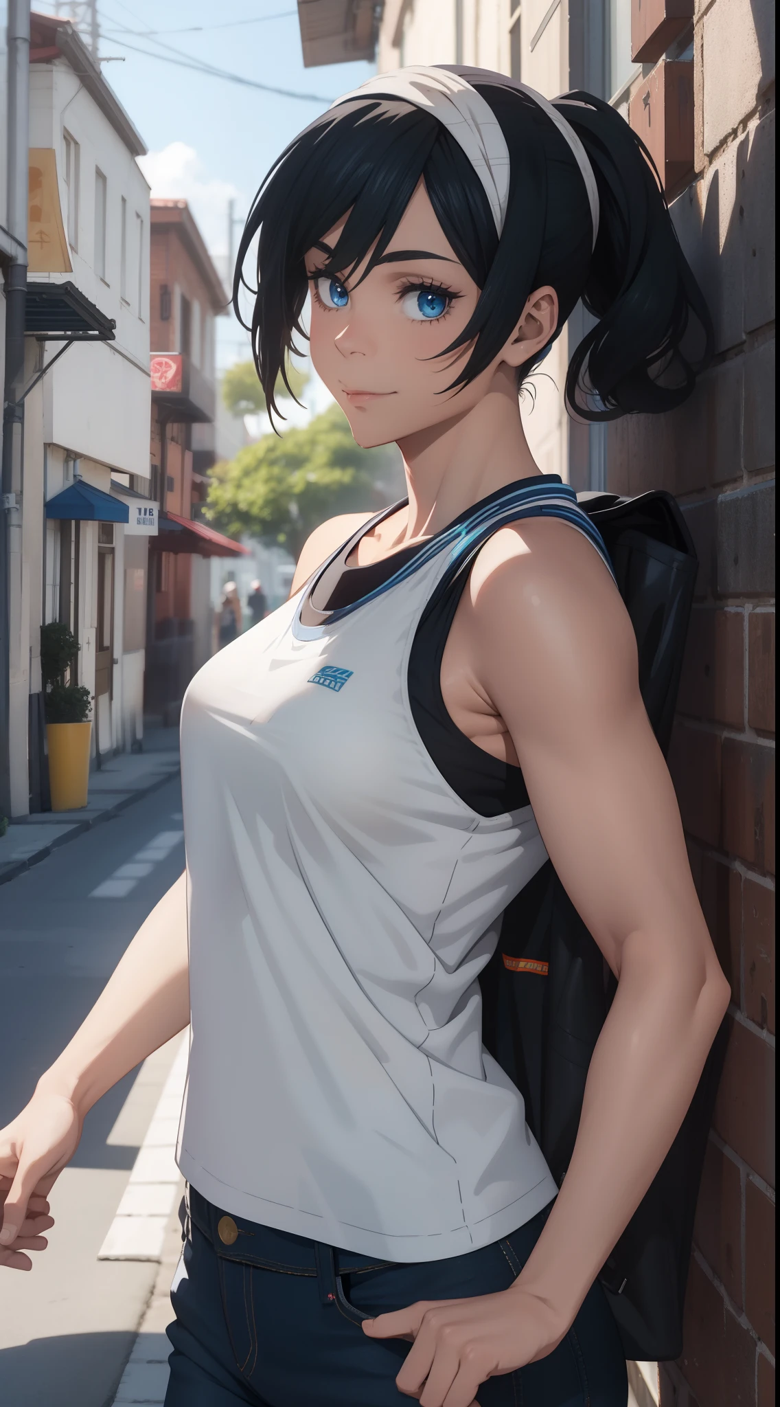 16 K, A hyper-realistic, hight resolution,  Best Quality, masutepiece, Half-body image, Beautiful girlfriend taking pictures in alley, Wearing a modern sleeveless pink t-shirt, Black jeans, goggles, Black ponytail, Bangs, happy chuckle, Blue eyes, Muscular lean body, Perfect Anatomy, Looking at the camera, during daytime, Blue sky, Anime style, Outdoors, Trending on ArtStation, wlop, sakimichan