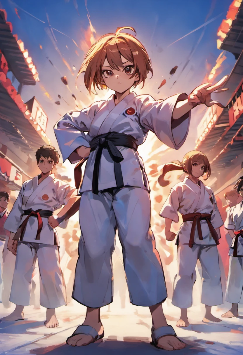 Boy in karate suit2People and girls1People standing side by side、Under the blue sky、Karate Poses