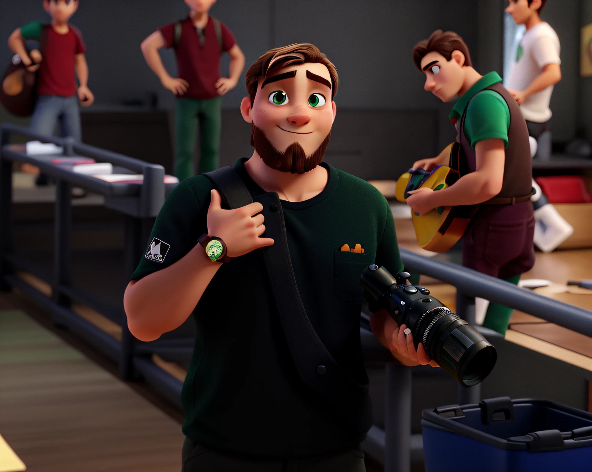A man with short, topknotless hair, green eyes and a camera in his hand, Disney Pixar style, alta qualidade, melhor qualidade