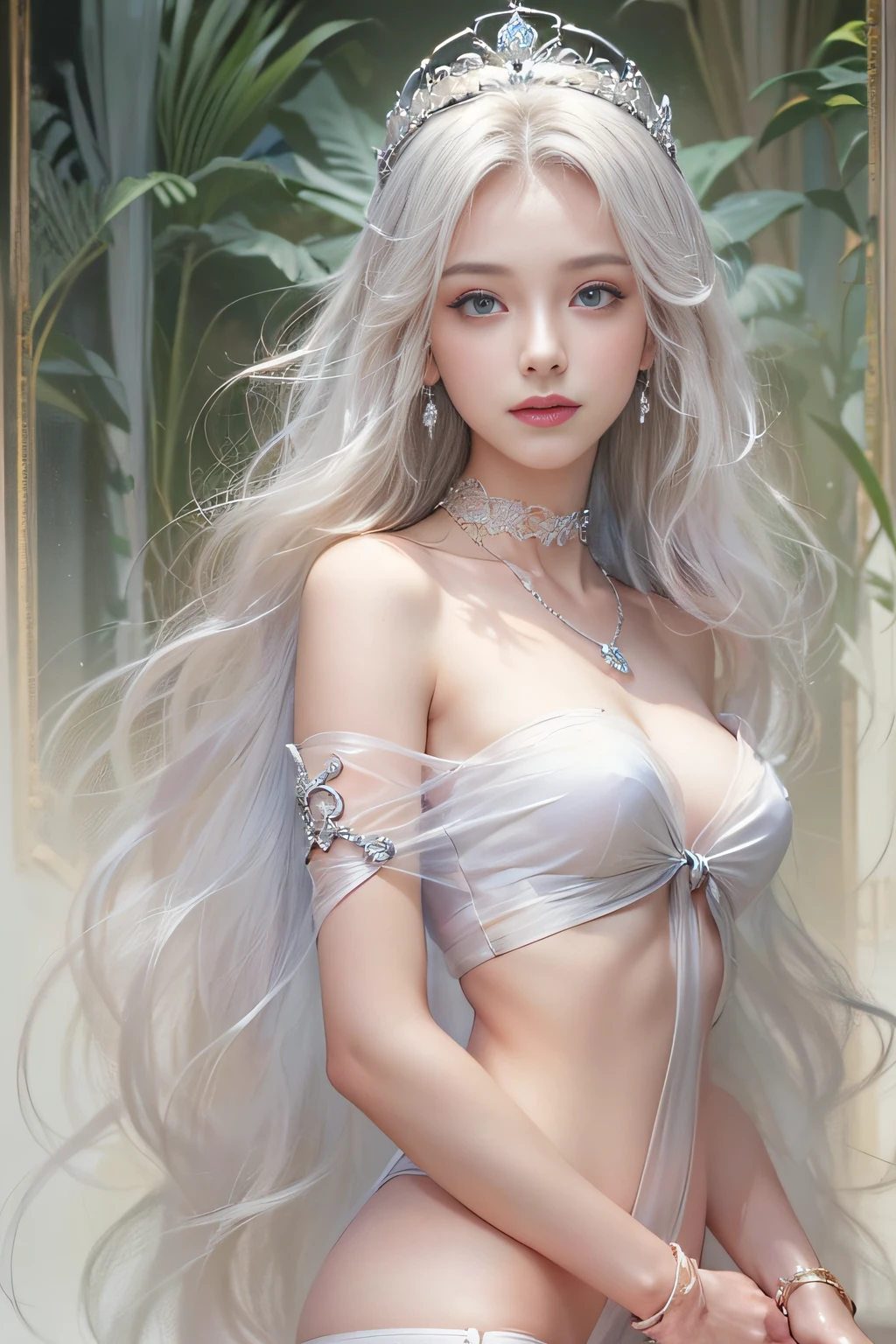 ((tmasterpiece:1.4)、(top-quality:1.4)、(reallistic:1.7))、By Luis Royo（By Luis Royo）Surreal portrait of a beautiful girl、Super beautiful girl、((1girl in:1.4))、Shiny natural skin texture、(The Queen's Gorgeous Costume)、((Sheer off-the-shoulder white one-piece mini skirt type:1.4))、((up skirt)),Authors：By Luis Royo（By Luis Royo）、age19、(Two arms:1.4、Two legs:1.4)、(perfect anatomia:1.4)、(Perfect female body:1.4)、Portrait photo of a girl、Close-up photos、Upper body photography、Fantasyart、Soft front light、Beautiful expression、kawaii faces、Beautiful udder、large full breasts:1.2、Beautiful ass、A detailed eye、Clearly eye-catching, beautiful and alluring、beautidful eyes、Narrow waist、Raw photo、red rip、Arrange your long hair as cool as a queen、(tiara crown:1.4、choker necklace:1.4、a necklace:1.4、耳Nipple Ring:1.4)、1 screen display、((Woman on all fours on silk bed)),((Translucent off-shoulder white dress))、((A smile)),((posterior view))、((Looks Back))、((White T-back panties visible)),((erection)),