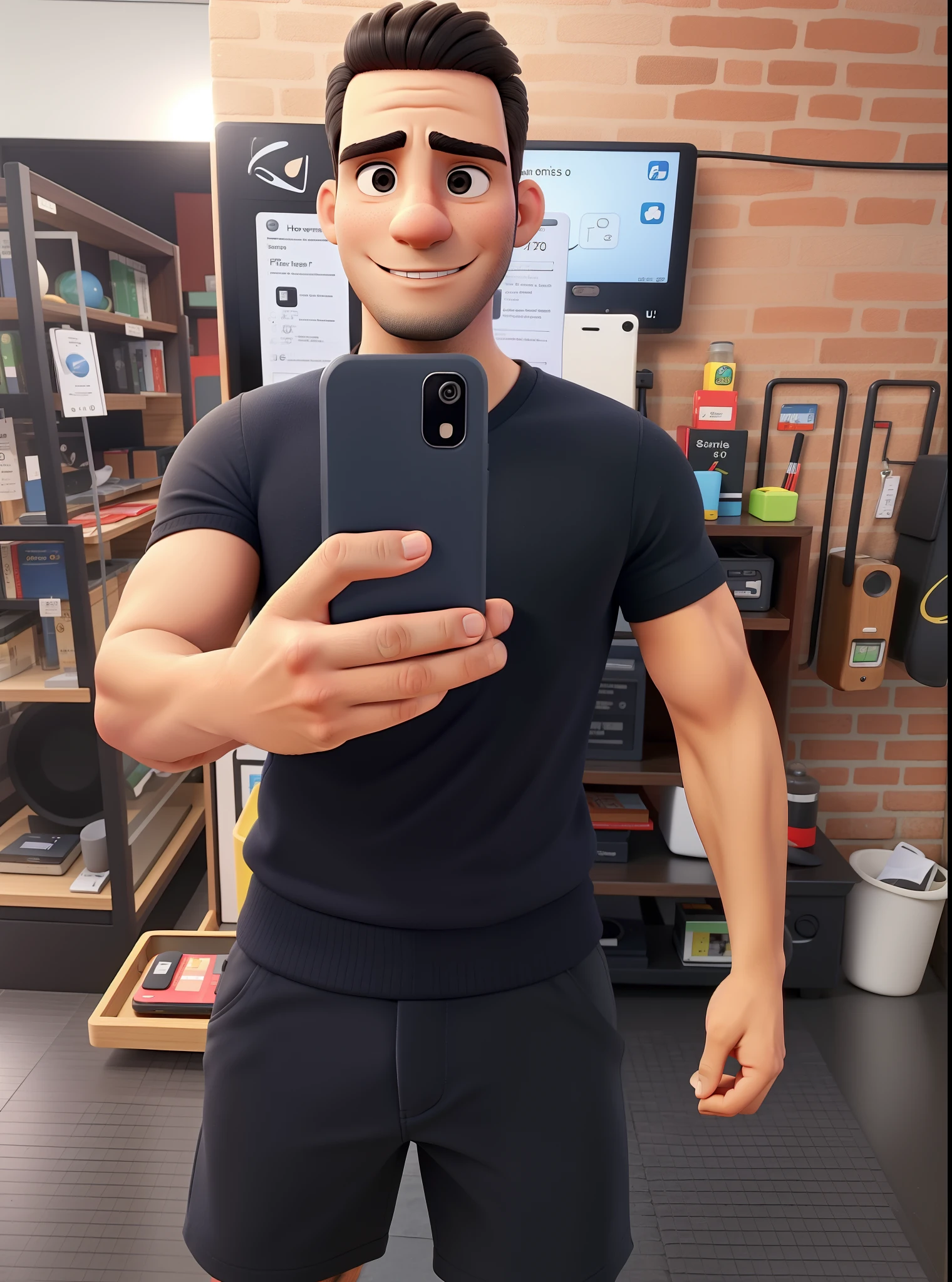 Um homem forte, bonito, segurando um celular e tirando foto em frente ao um espelho