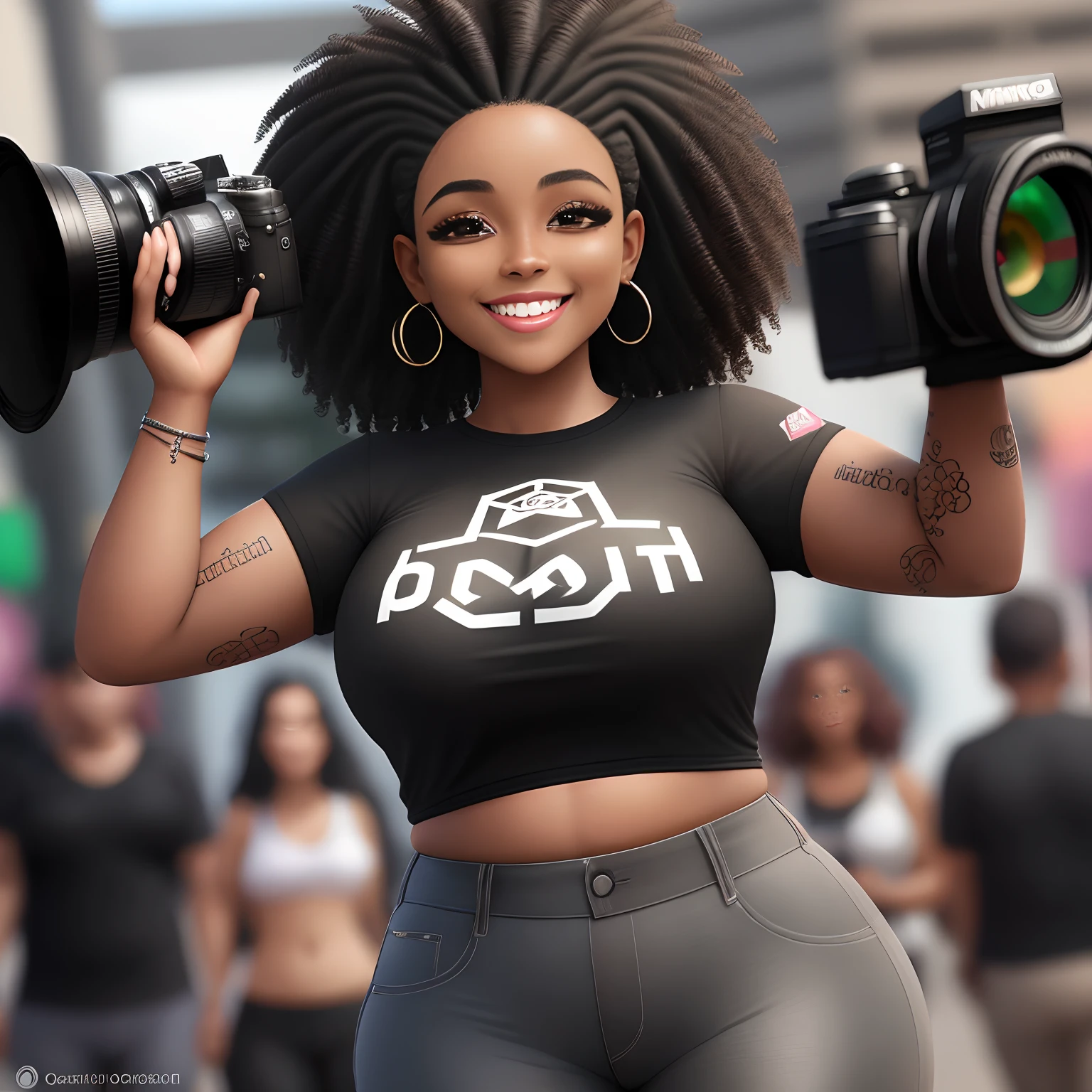 mulher, preto, afro, phtograph, realista, tatuagem no ombro esquerdo, Camera in hand, olhos castanhos escuro, cabelo preto, Grande, comprido, longo, cacheado, Flowing, longo, black pant, agudeza, realista, sorrindo, sorriso contagiante, ..3d, sozinha, holding a camera, preta, tatuagem, nariz largo, plus size, gorda, camisa rosa,