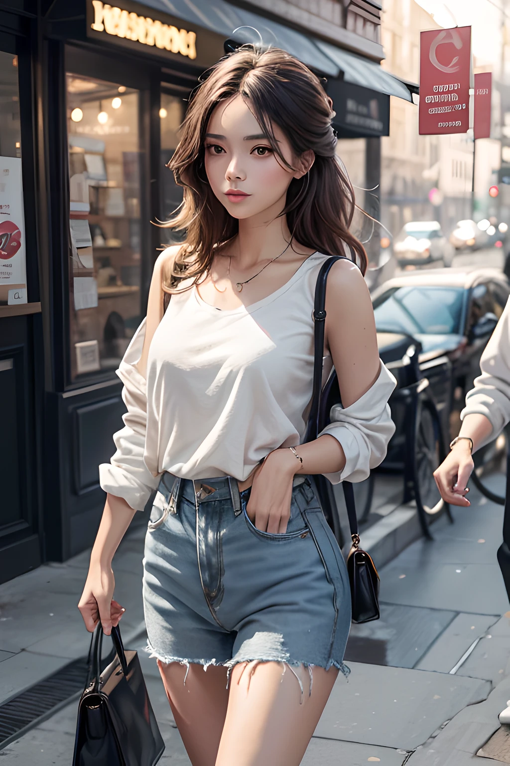 A portrayal of a stunning lady in a laid-back, chic casual outfit that perfectly complements her natural beauty and style, Digital Illustration, with a focus on creating a fashionable and relatable look