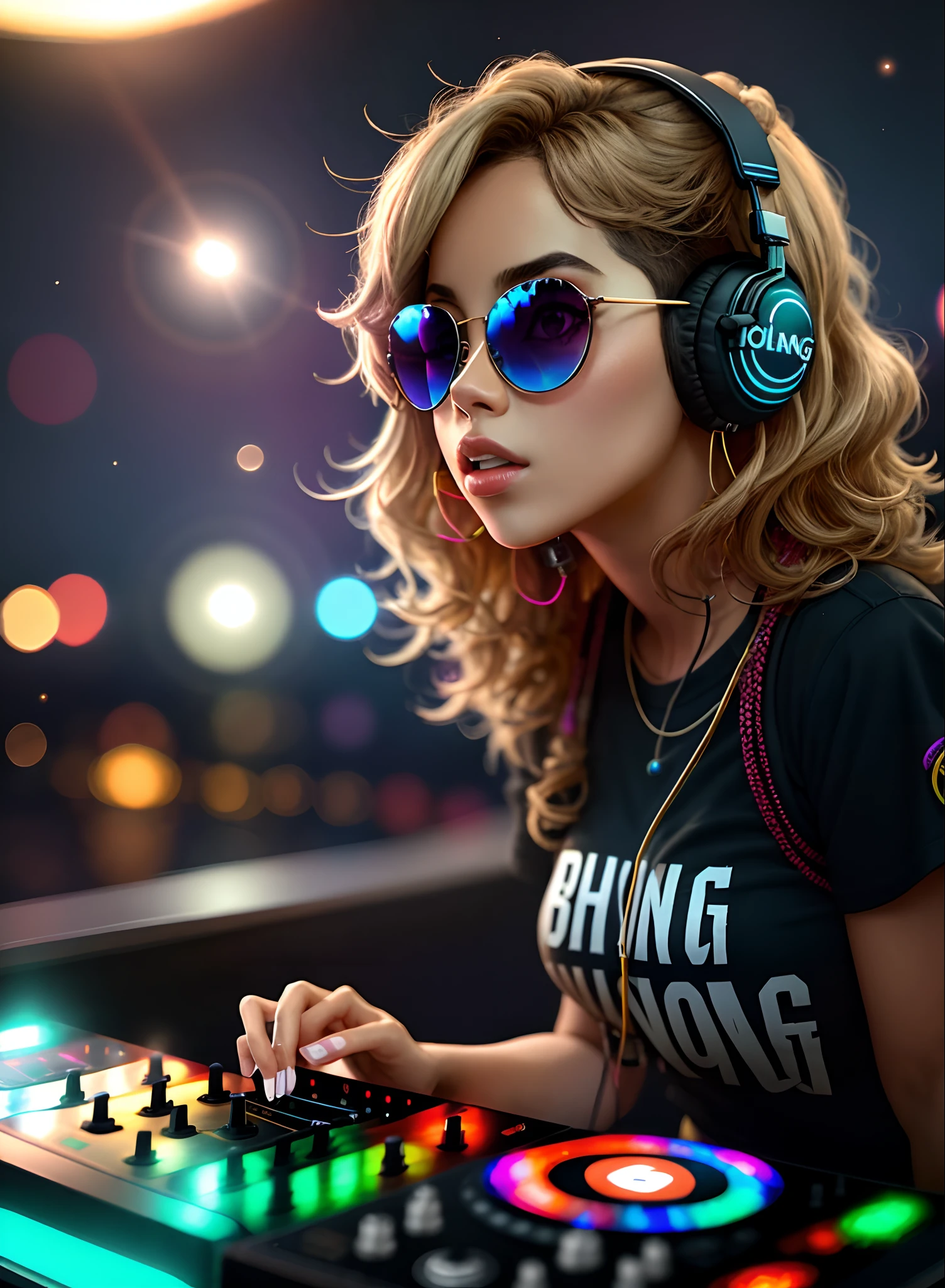 DJ realista, mulher loira, cabelo comprido, sunglasses, fones de ouvidos, tocando, assistindo o big bang, universo, futurista