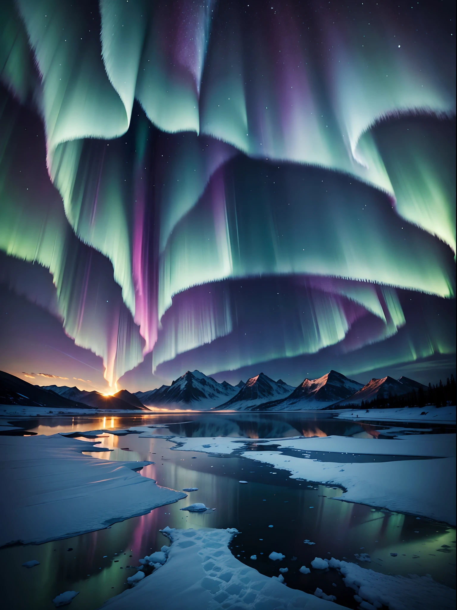 Aurora Over Frozen Lakes:
In colder regions, the Northern Lights reflecting off frozen lakes amplifies the surreal beauty, creating a mesmerizing interplay of light and ice,winter,night,mountains